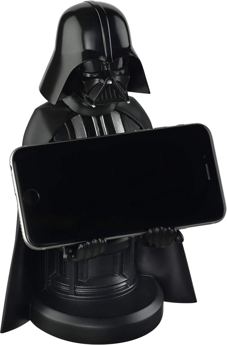 Darth Vader Telefonhalter, der ein schwarzes Telefon hält.