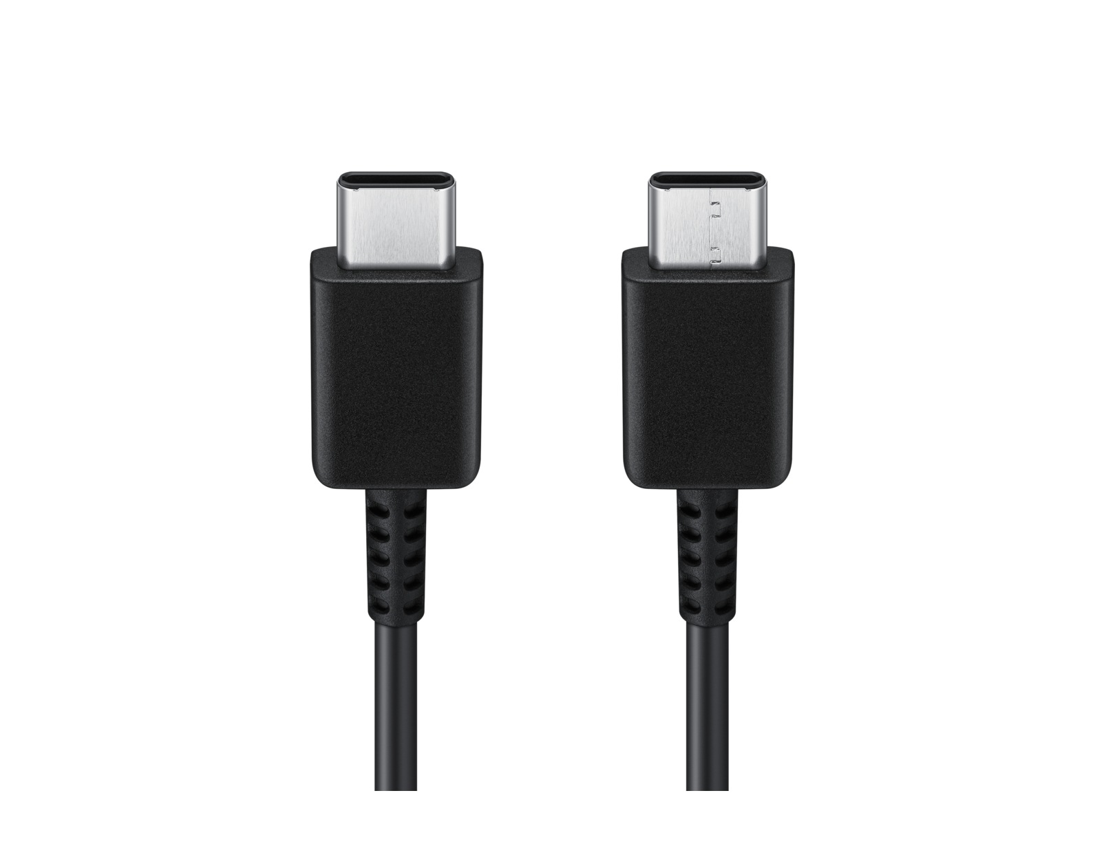 Dos conectores de cable USB-C negros sobre un fondo blanco.