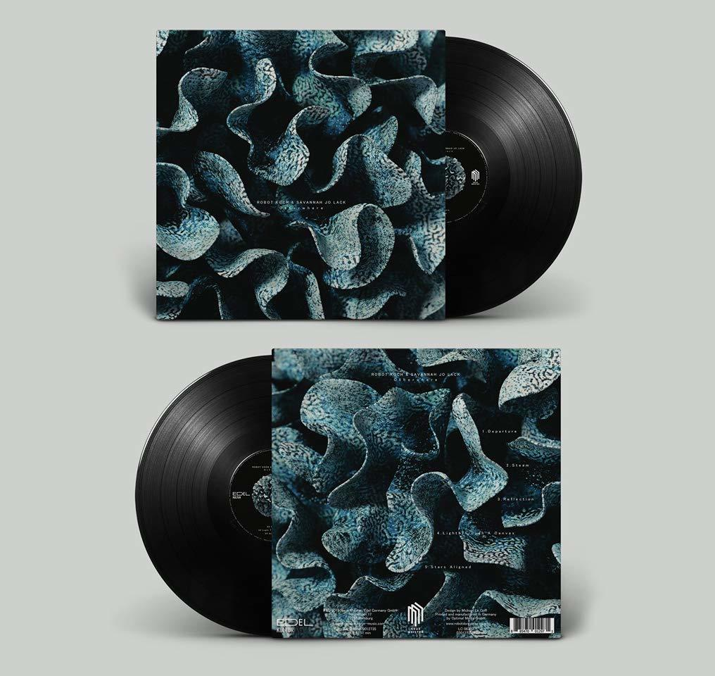 Zwei schwarze Schallplatten mit Albumcover-Kunst eines 3D blauen, wellenförmigen Designs.