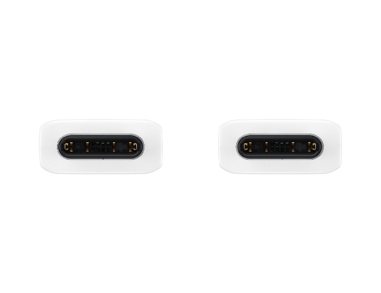 Dos conectores USB-C blancos, uno al lado del otro. Cada uno tiene un interior negro con pines dorados y un fondo blanco.