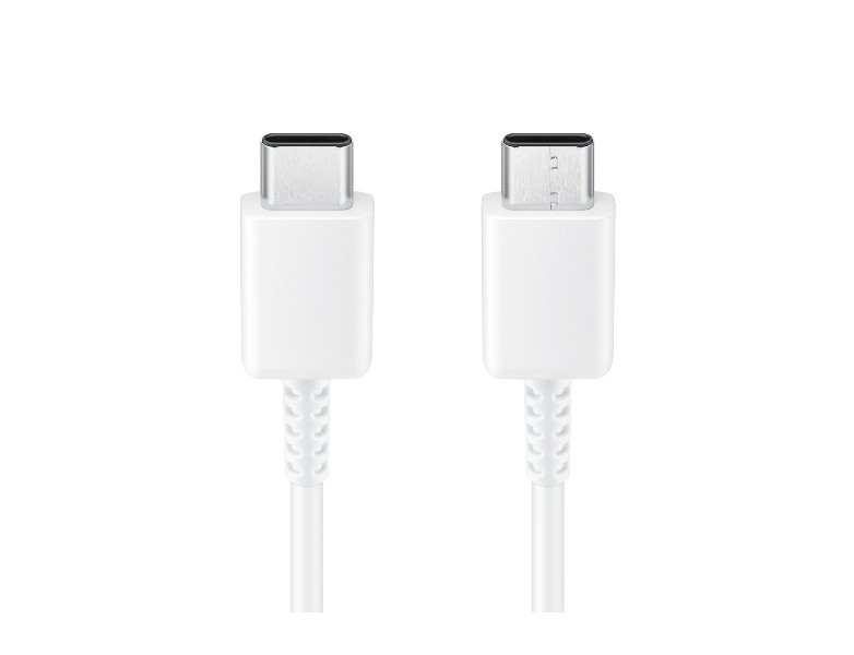 Dos cables USB-C blancos sobre un fondo blanco. Los conectores son plateados y los cables son blancos.