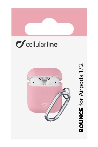 Una funda rosa Cellularline para AirPods 1/2, con mosquetón. El embalaje es rosa y blanco.