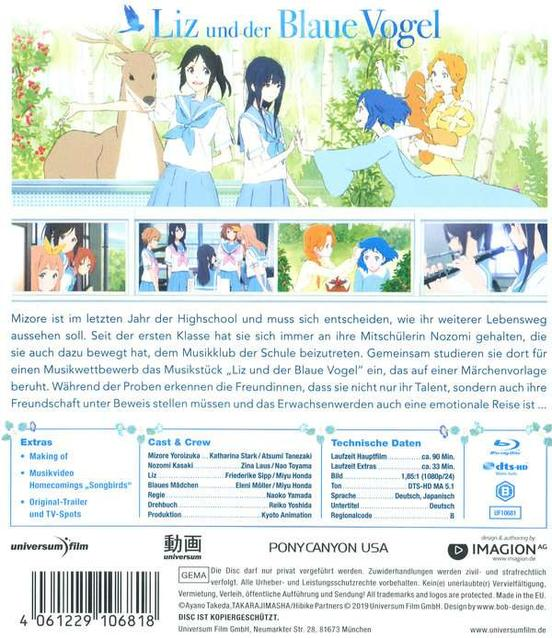 Filmcover mit Anime-Mädchen, einem Hirsch und Text auf Deutsch. Der Titel lautet "Liz und der Blaue Vogel".