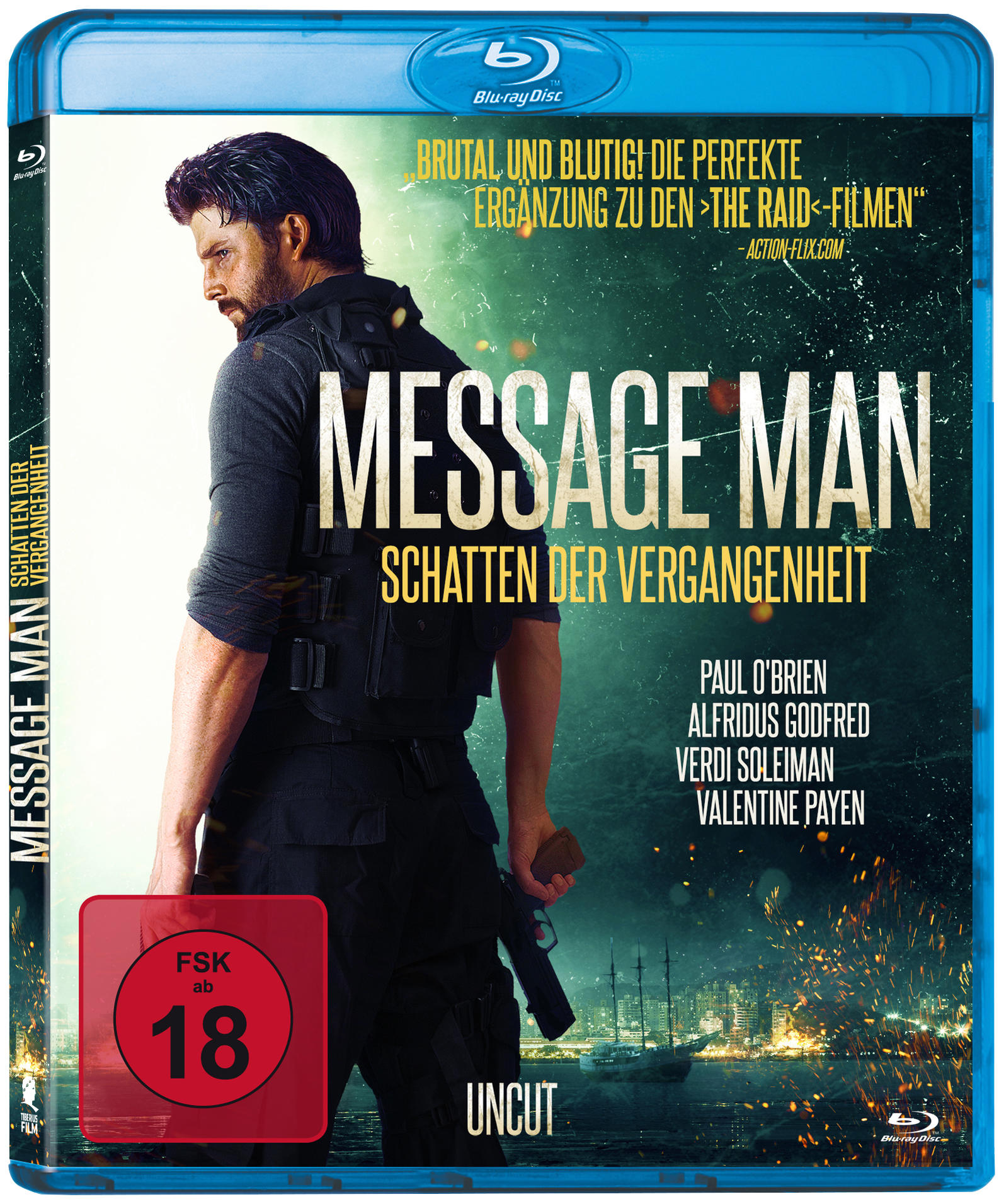Blu-ray-Cover von 'Message Man', ein Mann mit einer Waffe auf dem Cover.