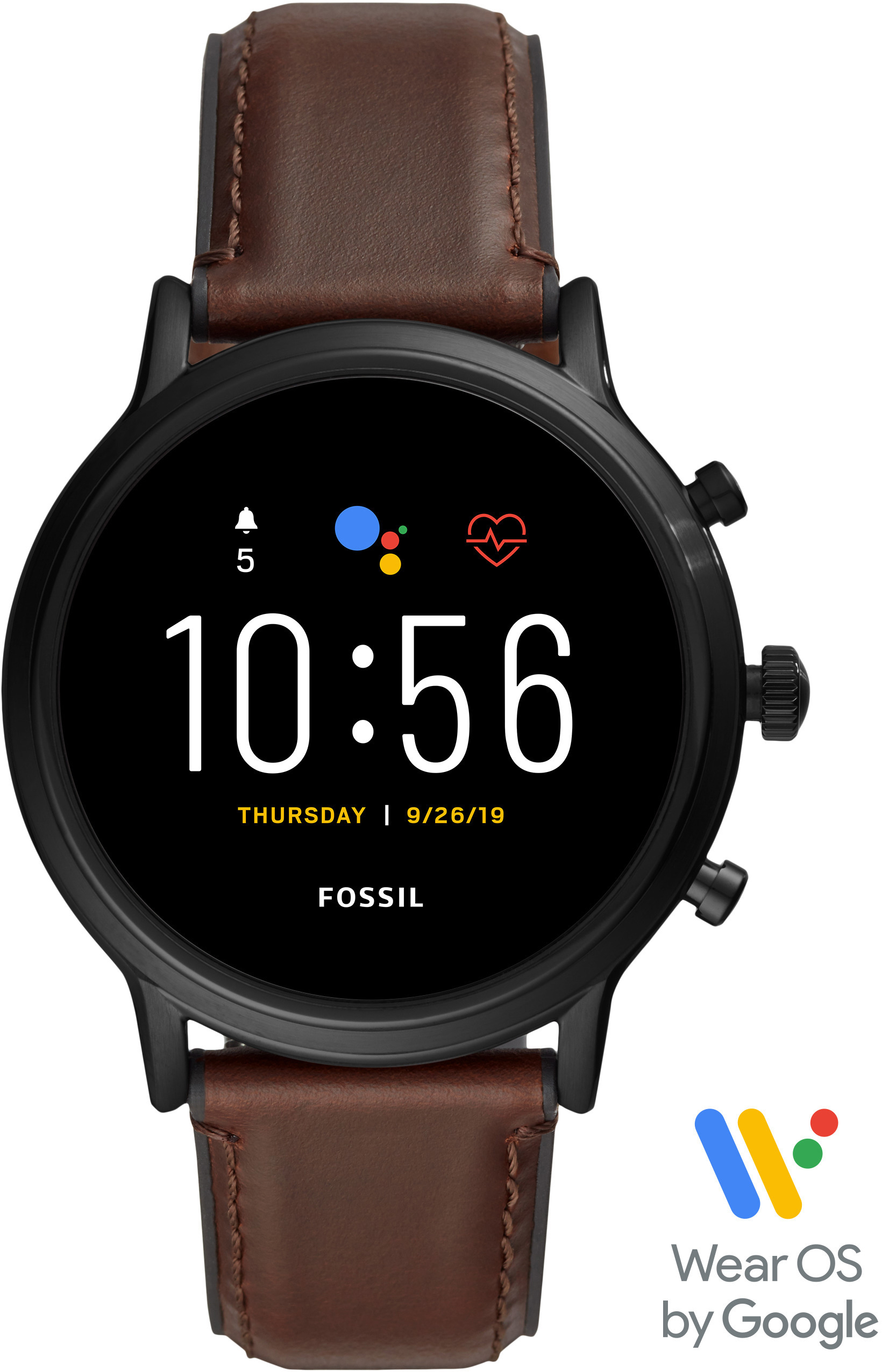 FOSSIL The Carlyle HR - 5. Generation 44 mm Smartwatch Edelstahl Echtleder, 200 mm, Dunkelbraun