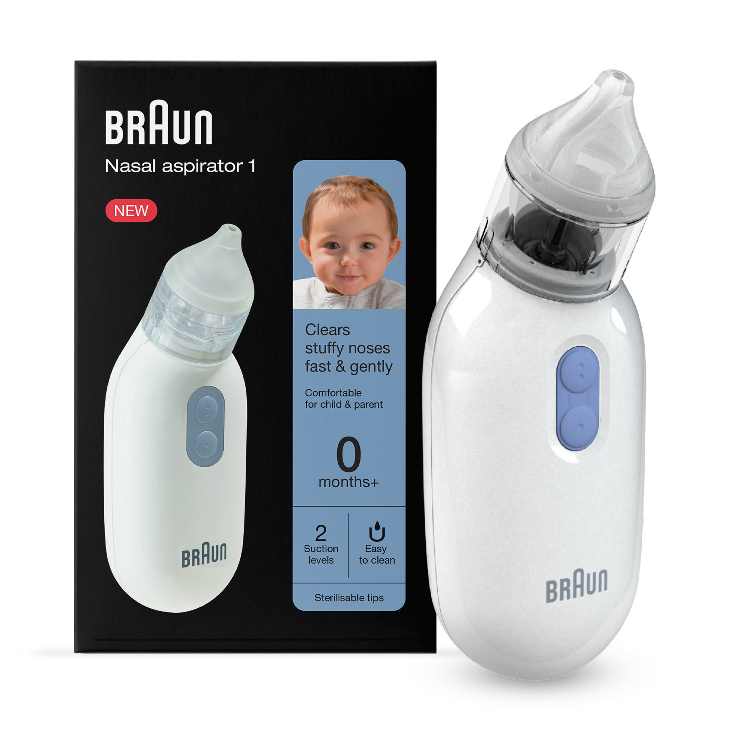 Kutu ve bebek resmi ile Braun burun aspiratörü.