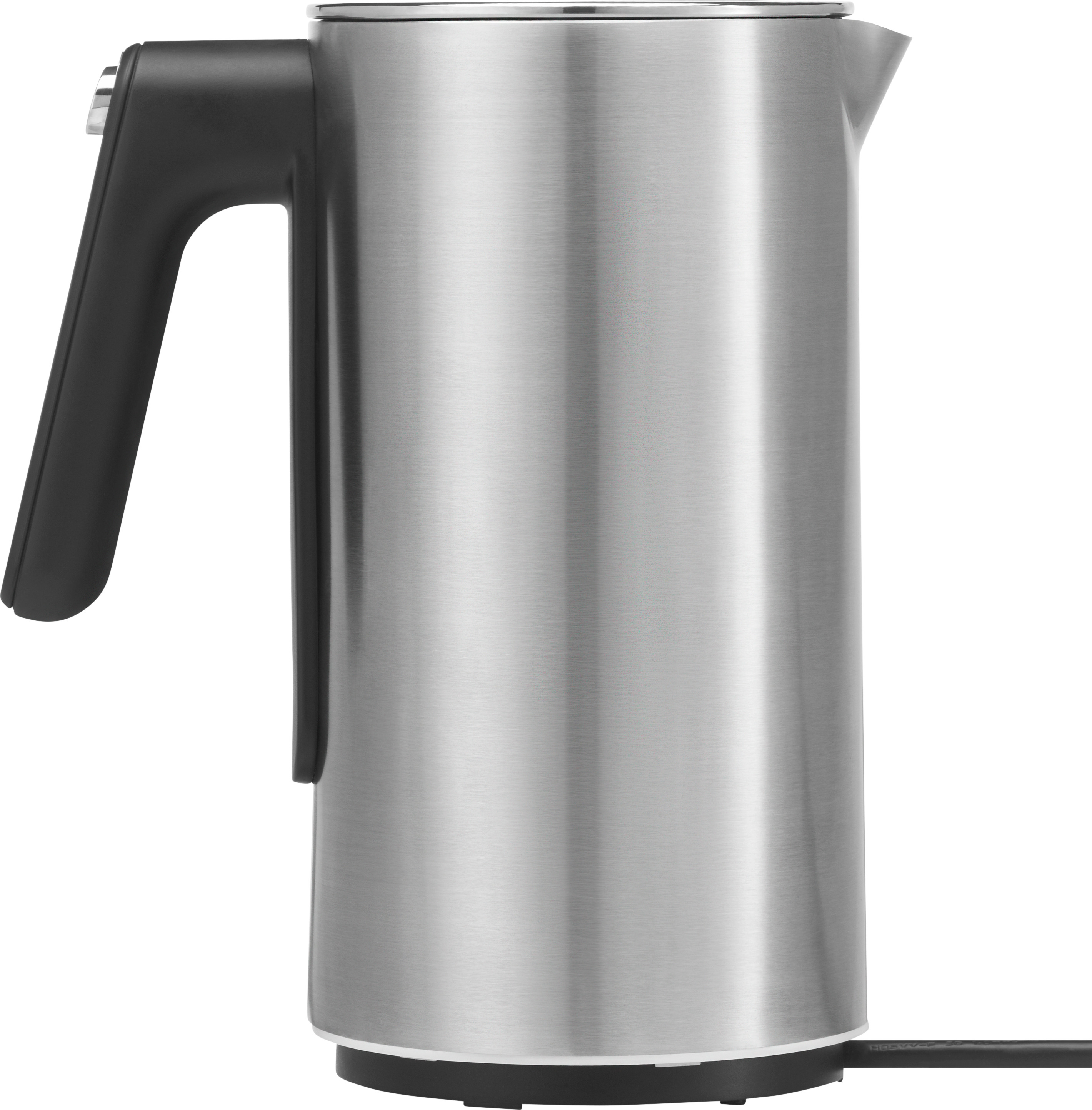 Elektrischer Wasserkocher aus Edelstahl mit schwarzem Griff und Sockel.