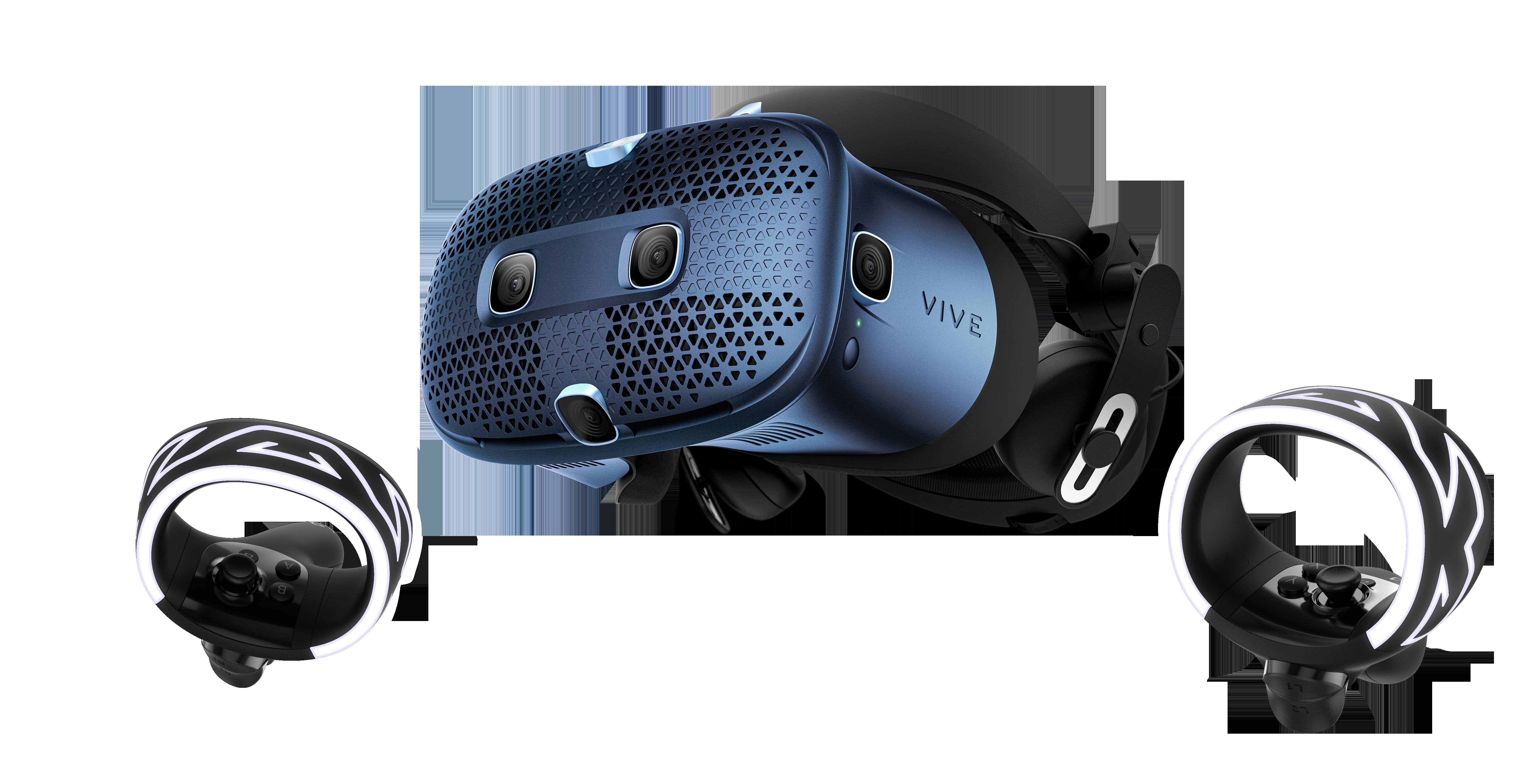 VR-Headset mit zwei Controllern, alles in blauem und schwarzem Design.