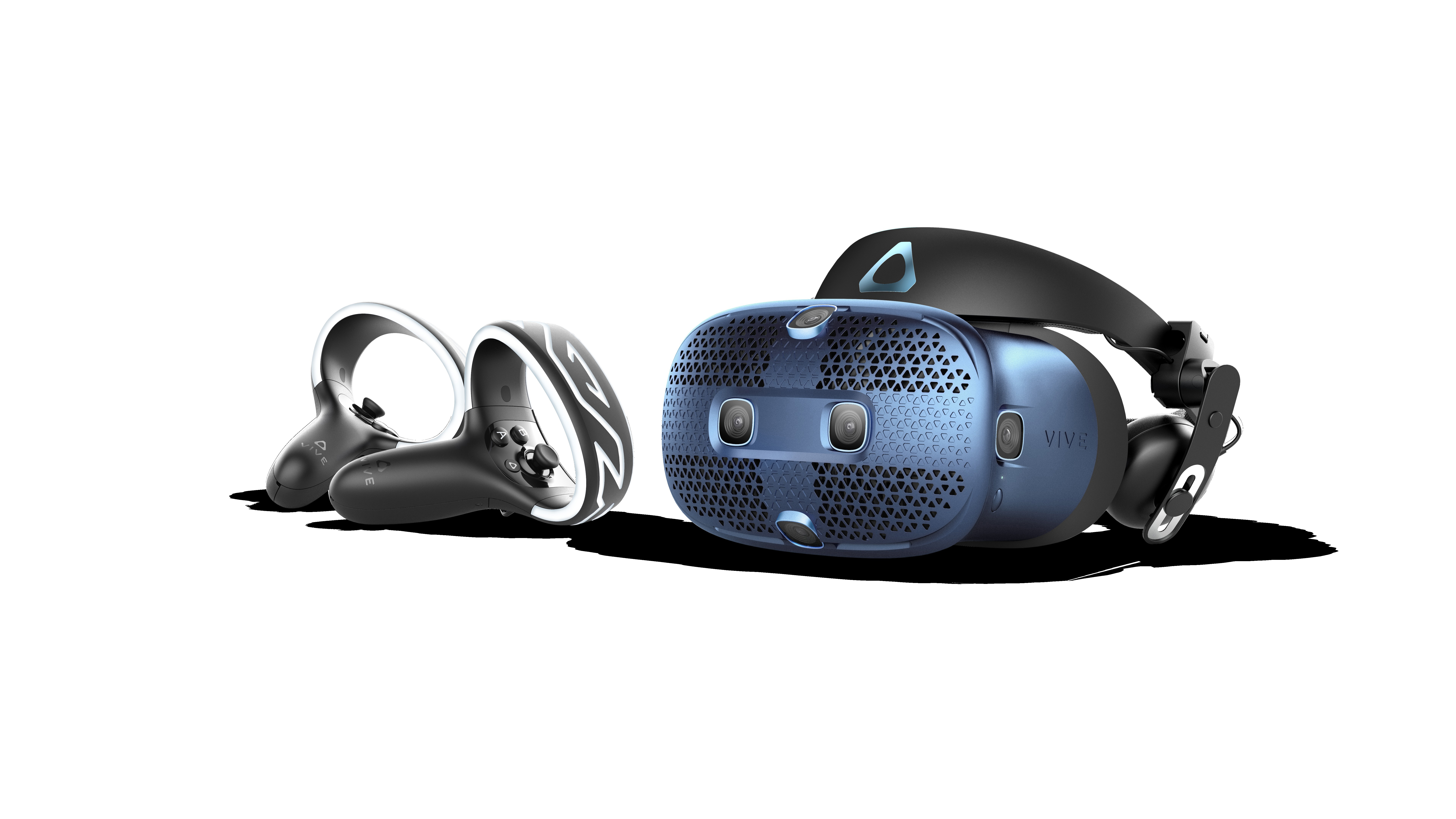 VR-Headset und Controller, blau und schwarz, weißer Hintergrund.