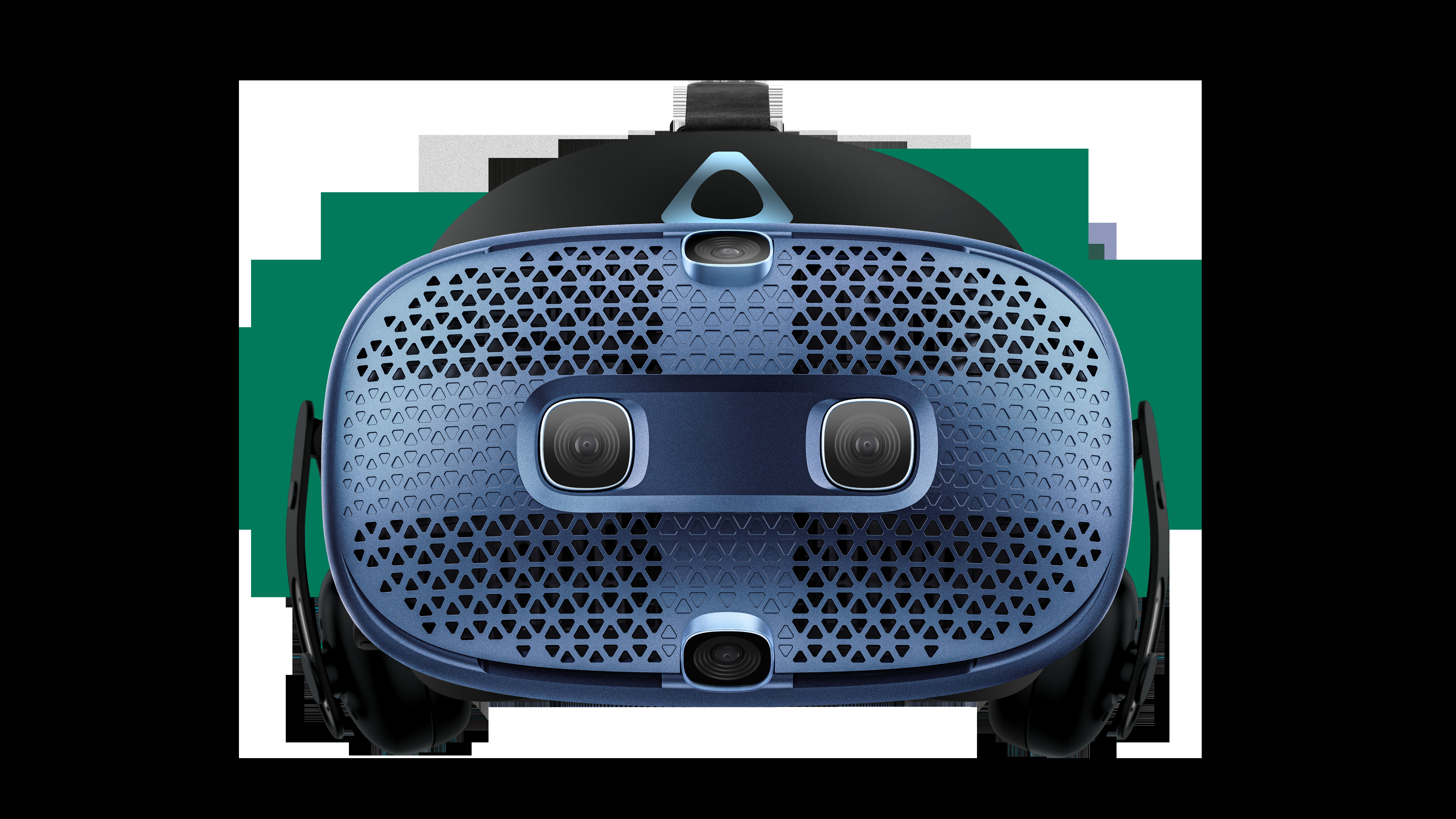 VR-Headset, blau und schwarz, mit zahlreichen Kameras. Das Gesicht des Headsets ist sichtbar.