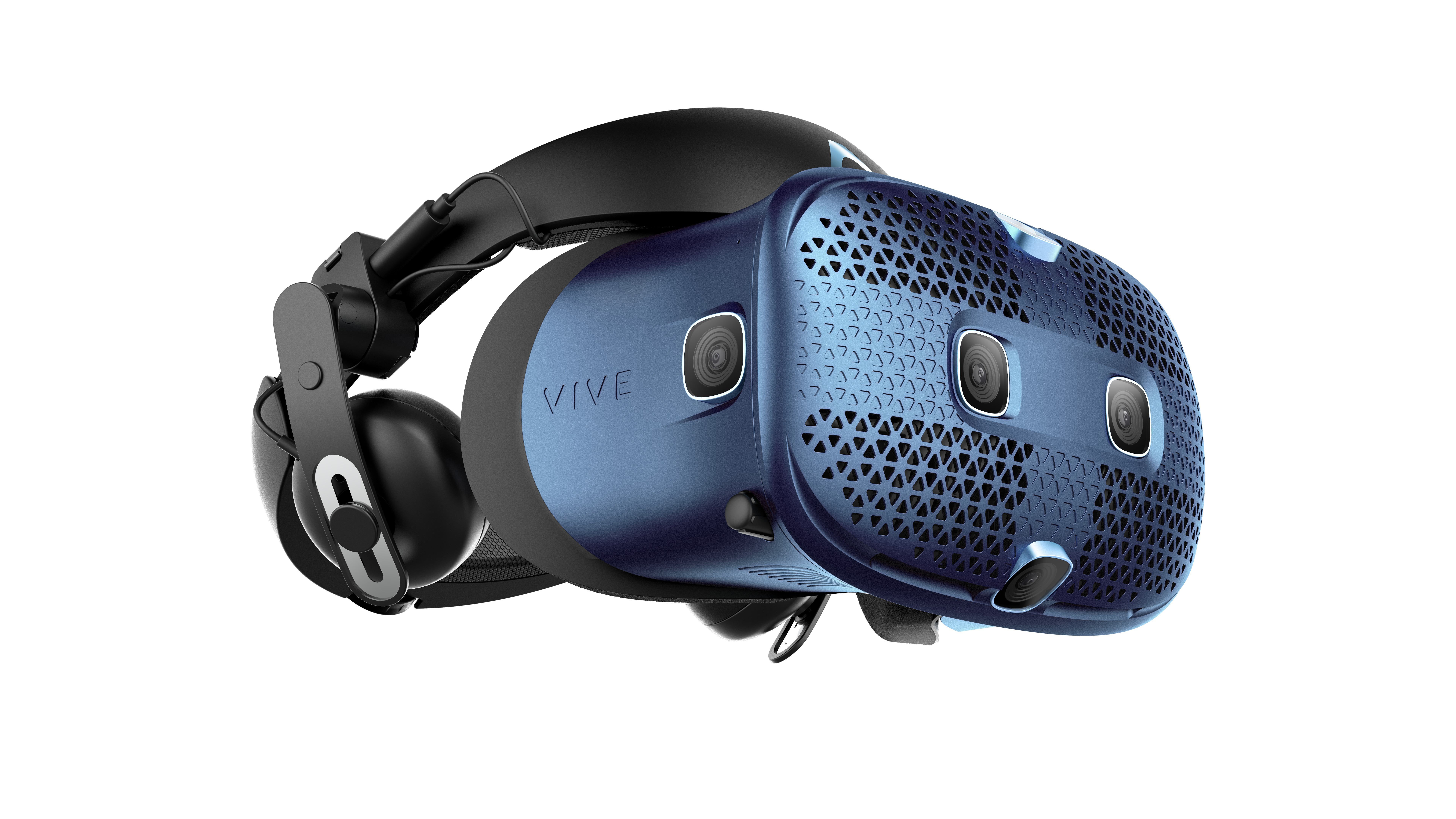 Blaue VR-Brille mit drei Kameras, schwarze Kopfhörer, weißer Hintergrund.