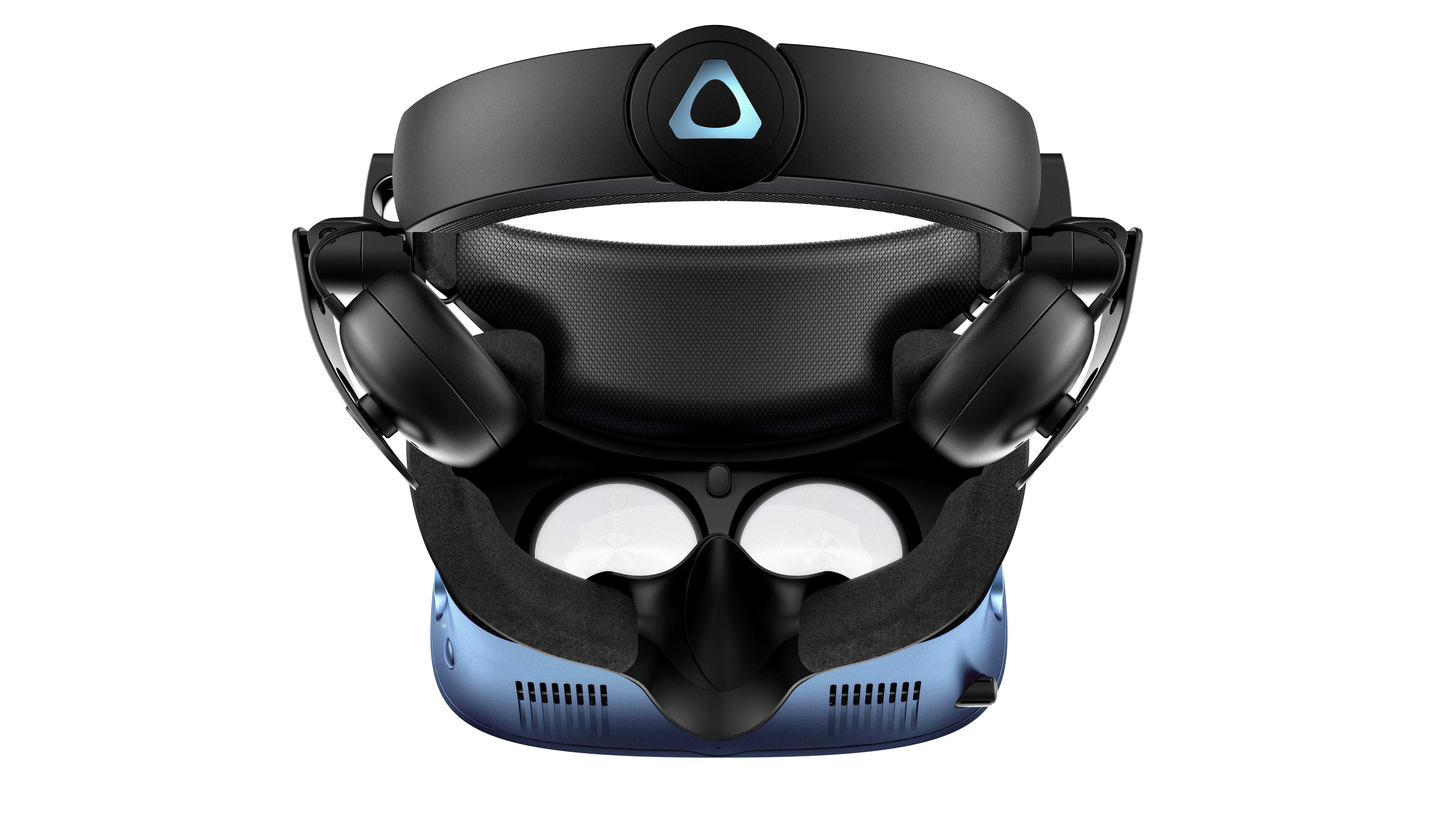 VR-Headset, blau und schwarz. Zeigt Innenraum mit Linsen, Riemen und Lautsprechern.