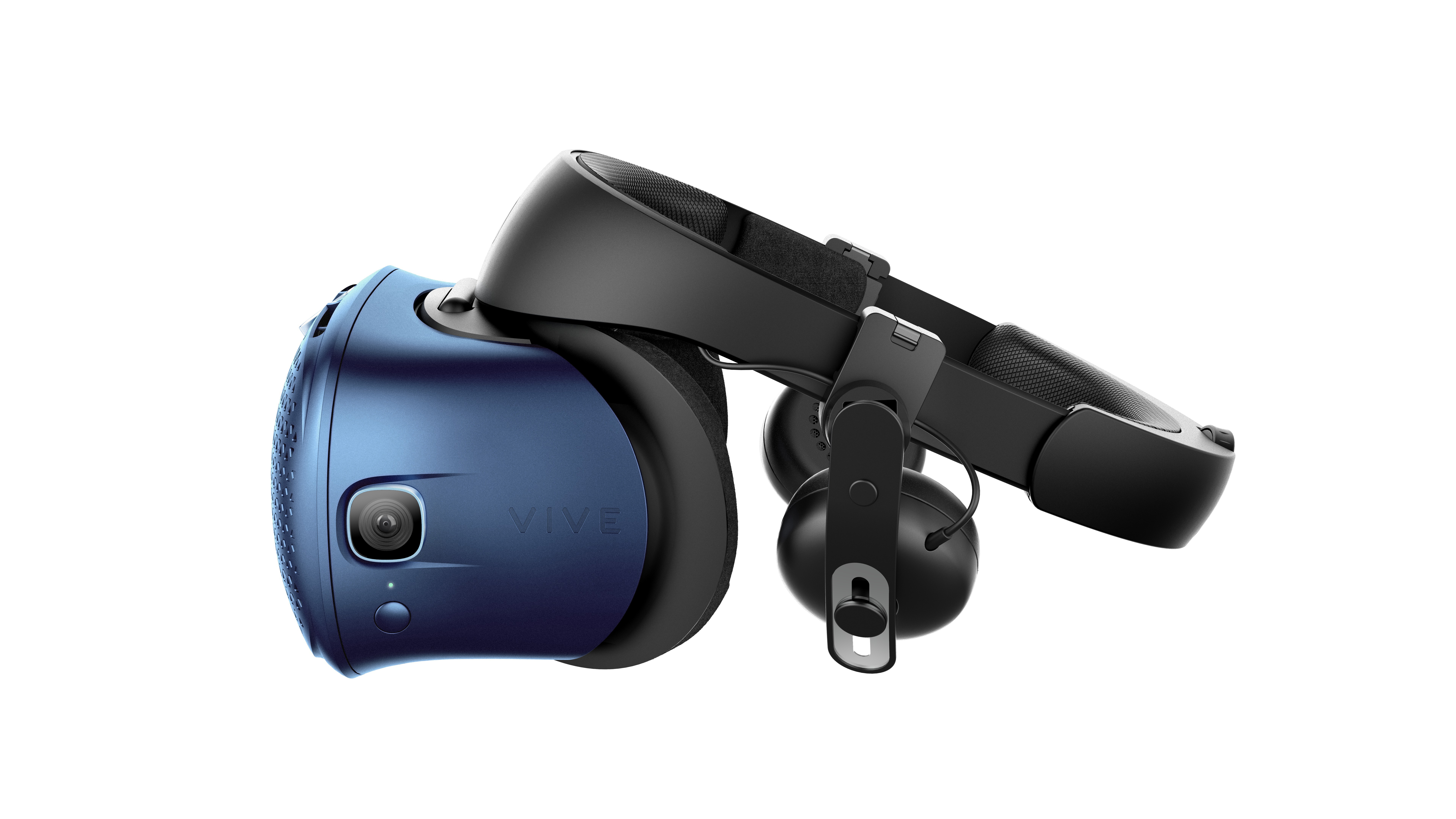 Blaue und schwarze VR-Brille, Seitenansicht, mit Kopfhörern und einem Riemen.
