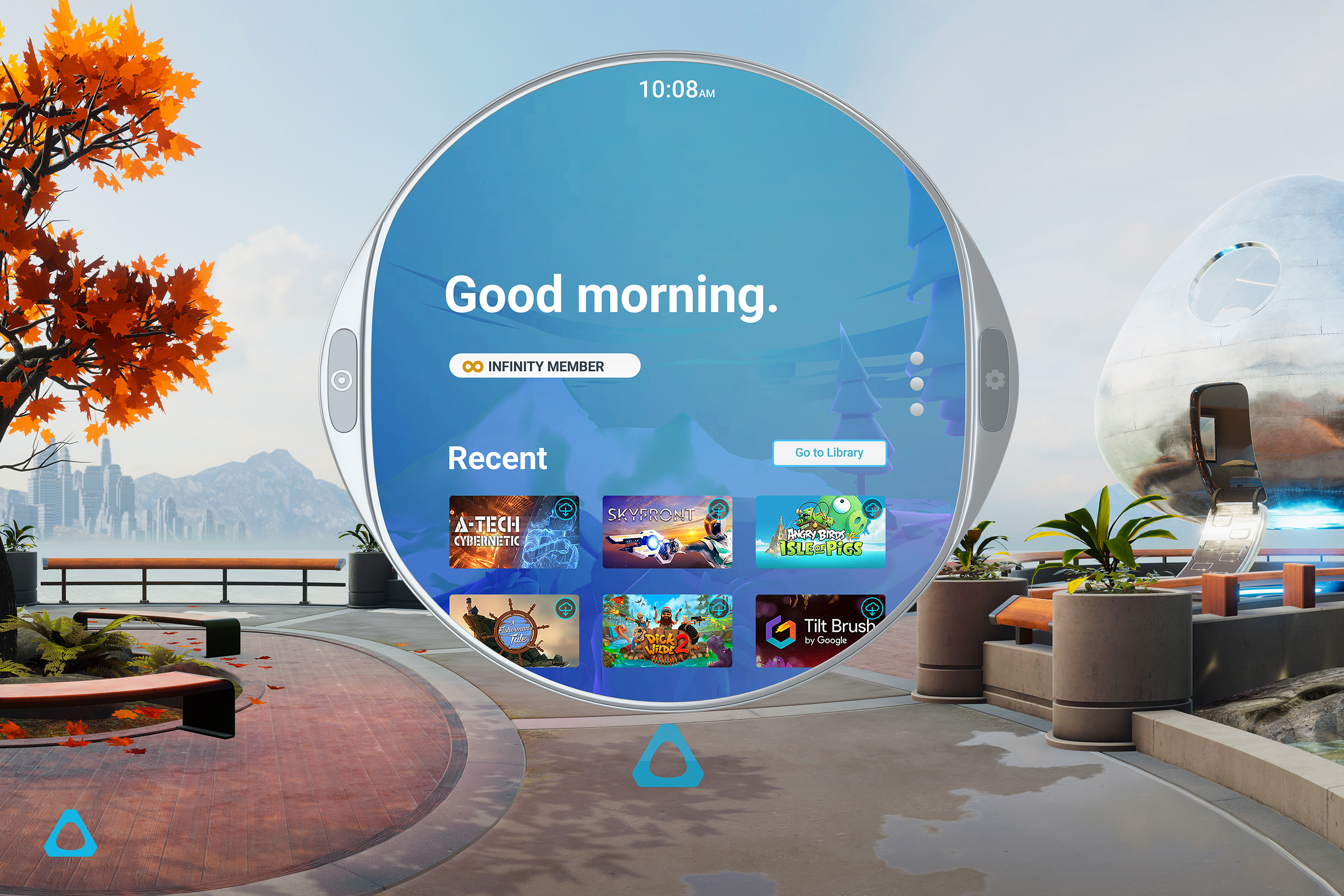 VR-Headset-Oberfläche mit einem Menü mit Spielsymbolen und der Begrüßung 'Guten Morgen'.