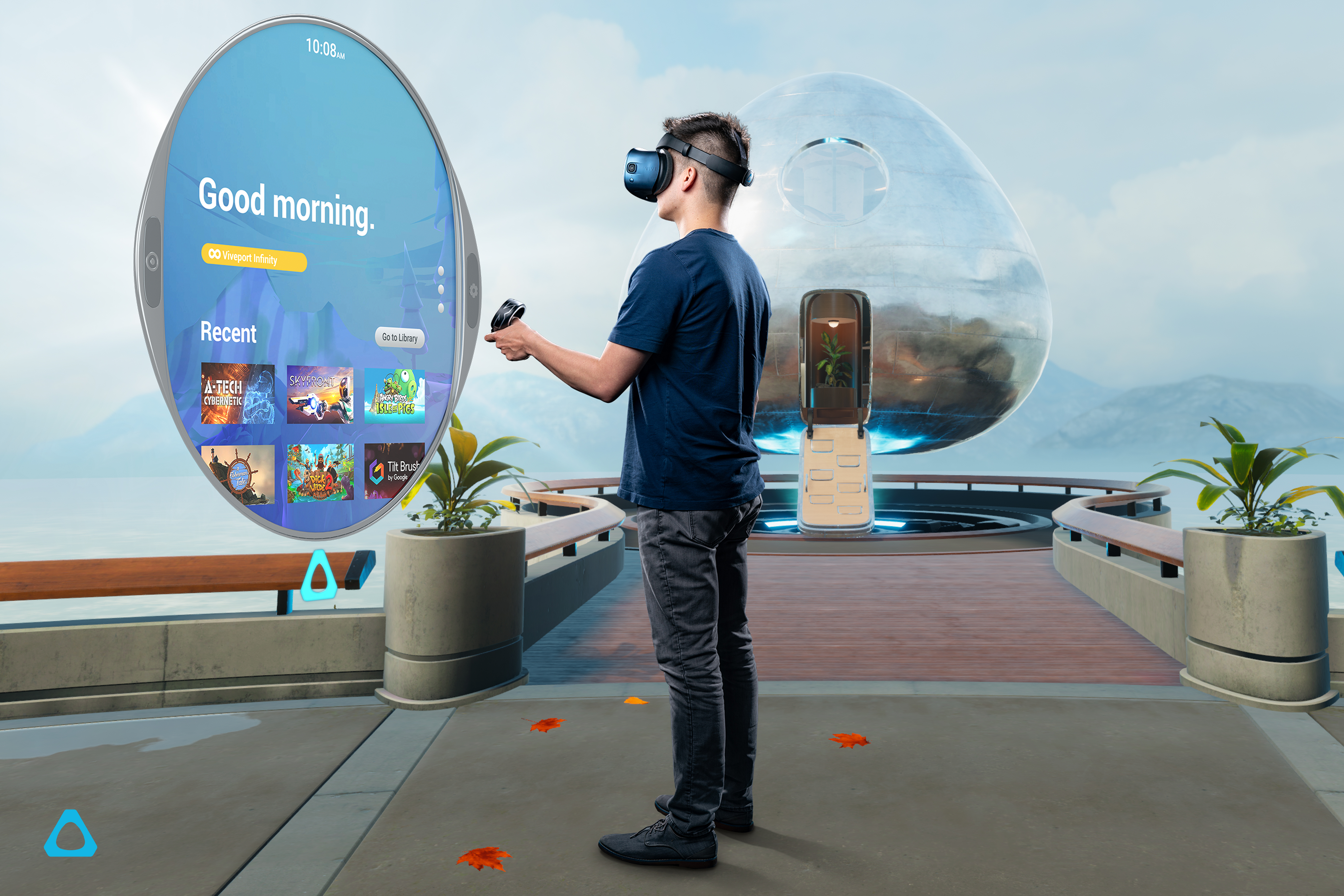 Eine Person mit VR-Headset interagiert mit einer virtuellen Oberfläche. Eine futuristische Umgebung umgibt sie.