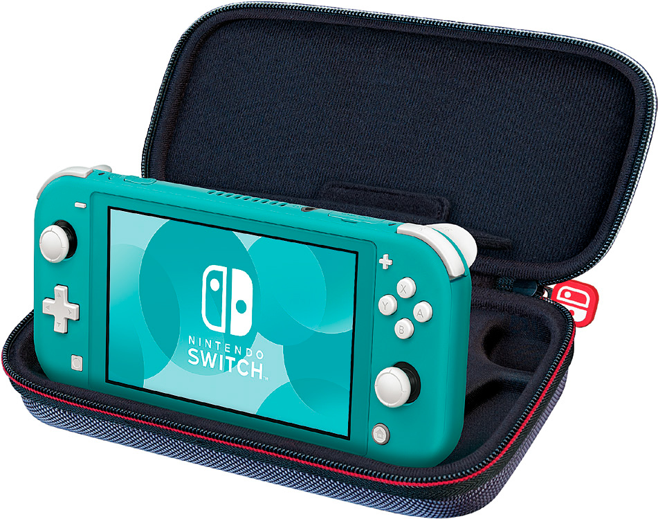 A teal Nintendo Switch Lite in its case. The case is blue with red zipper. The screen is on.