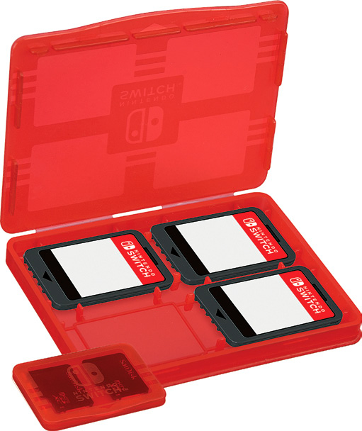 Red Nintendo Switch game cartridge case, opened, with three game cartridges inside.