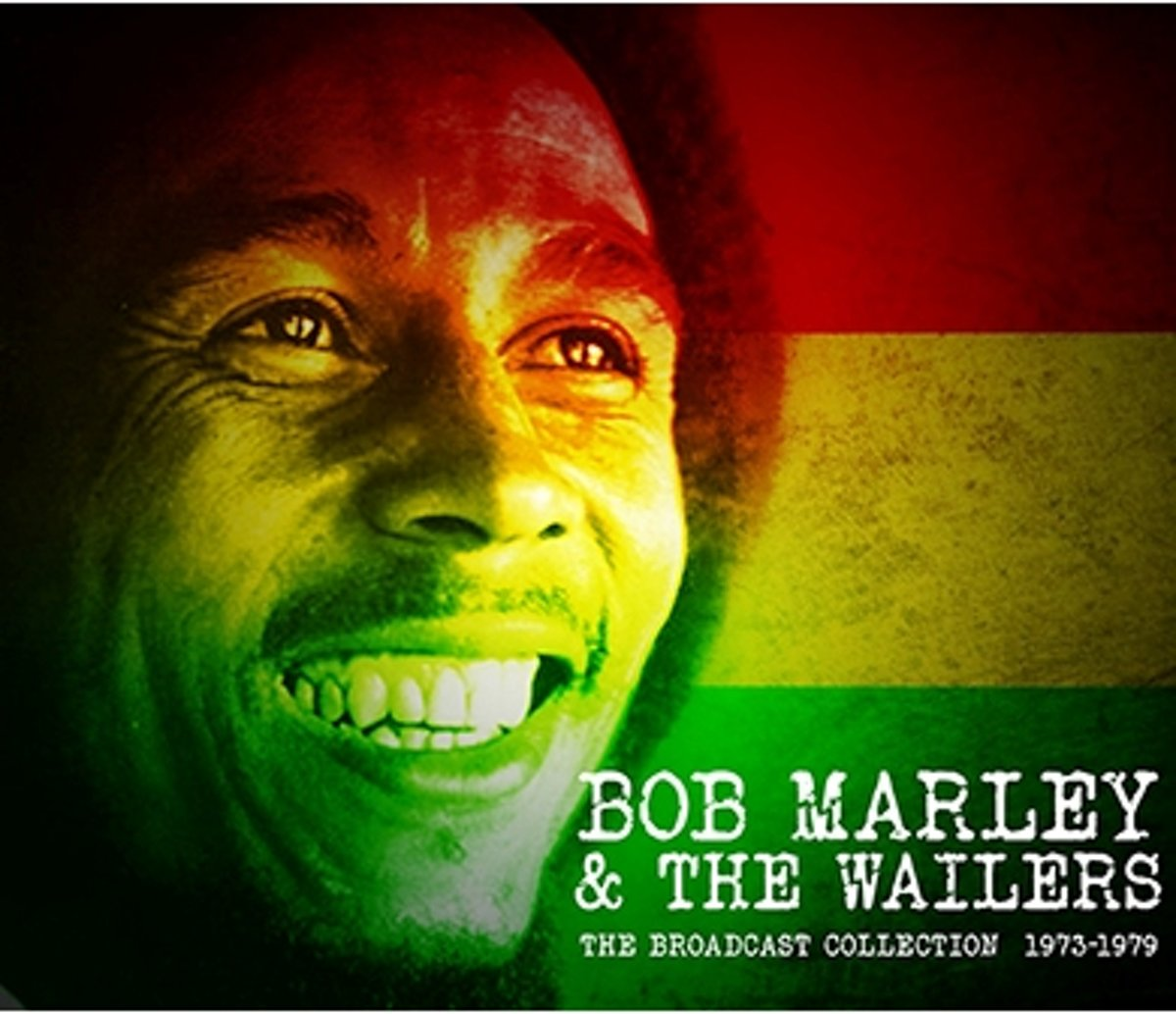 Bob Marley met een glimlach, groene, gele en rode achtergrond, albumhoes.