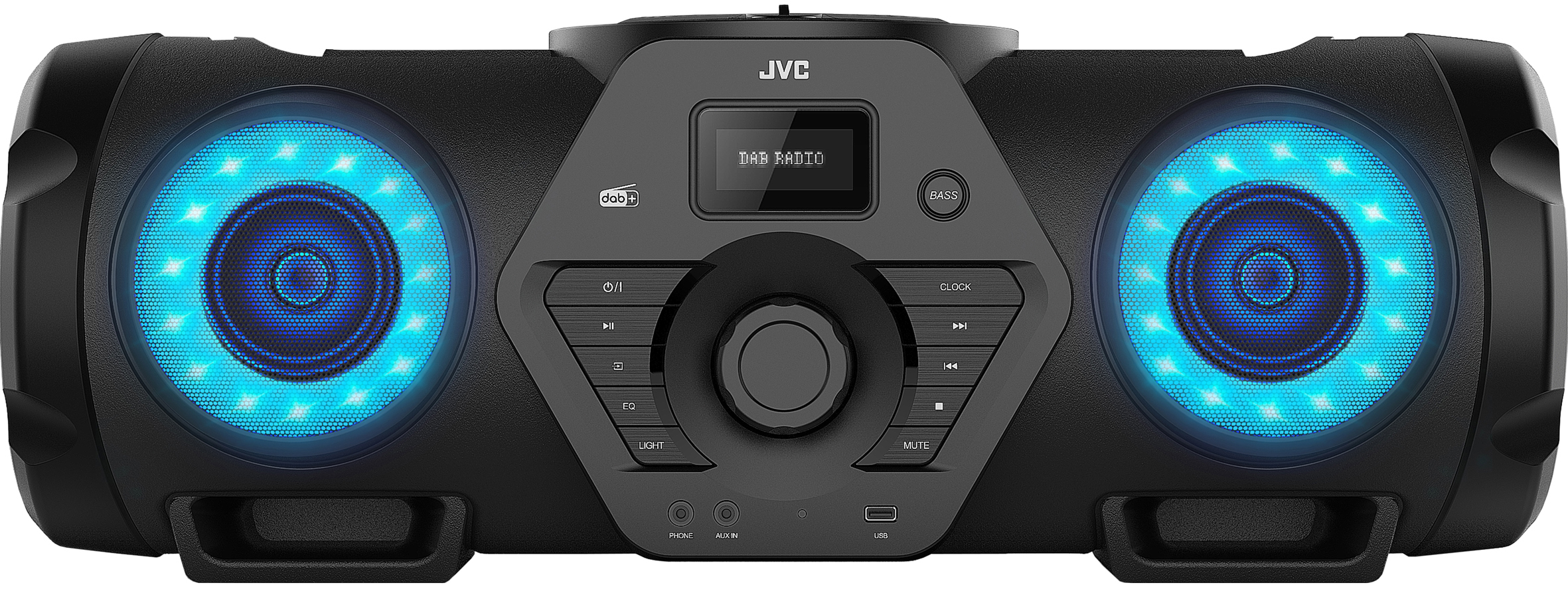 Schwarzer JVC-Lautsprecher mit blauen Lichtern und Bedienfeld auf weißem Hintergrund.