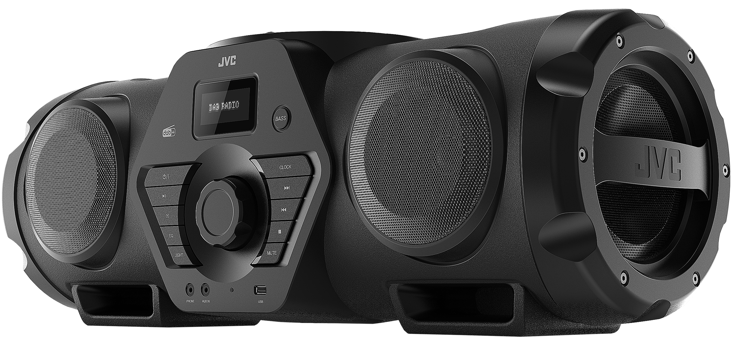 Schwarze JVC Boombox, schräg gestellt. Große Lautsprecher an den Seiten. Bedienelemente vorne. Anzeige 'DAB RADIO'.