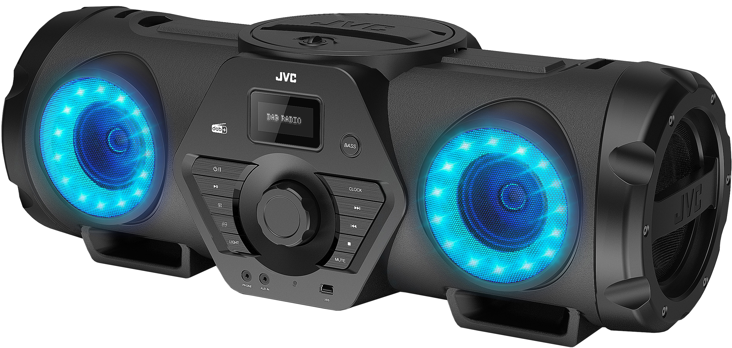 Schwarzer JVC-Lautsprecher mit blauen Lichtern, Knöpfen und Display.