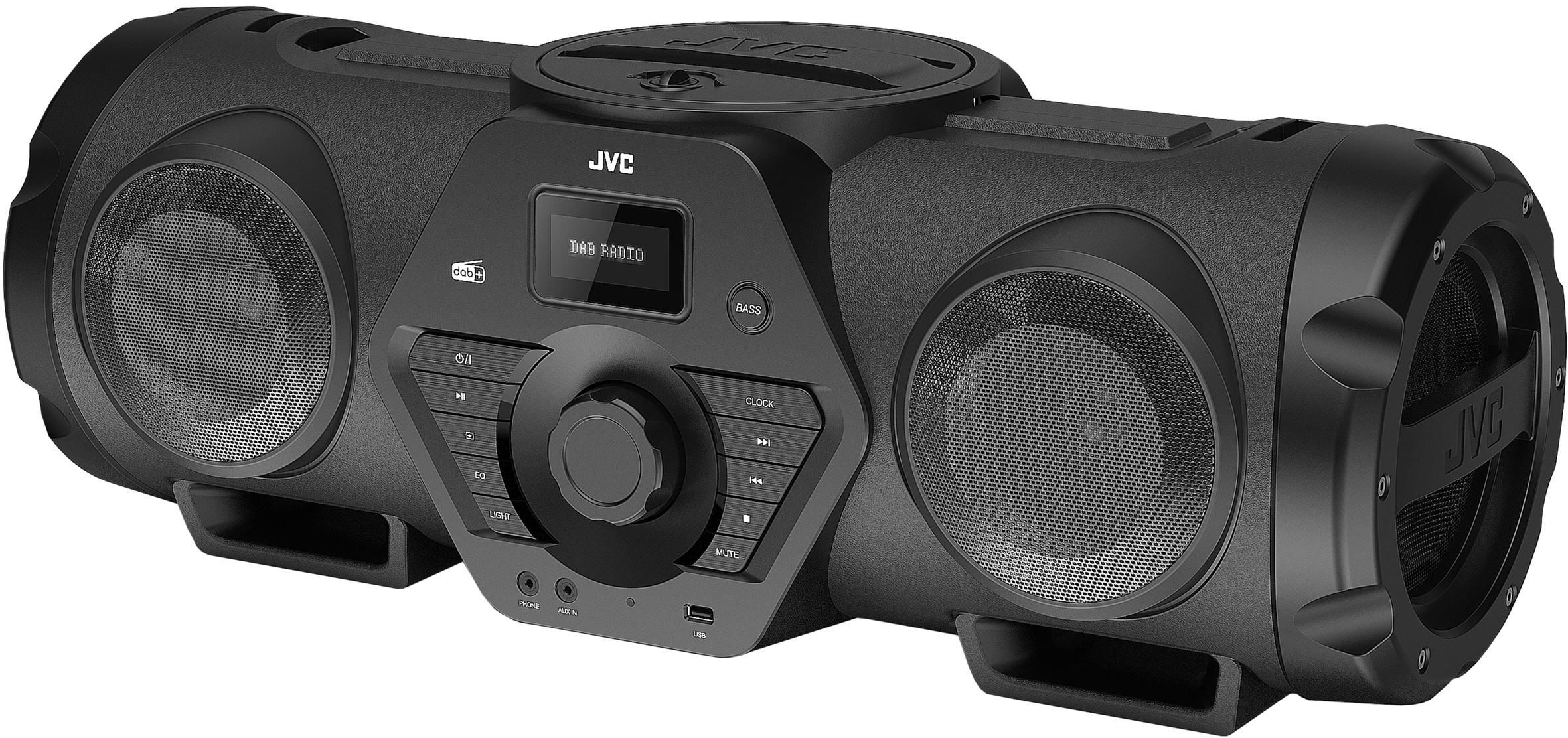 Schwarze JVC-Boombox mit zwei Lautsprechern, einem zentralen Bedienfeld und JVC-Logo.