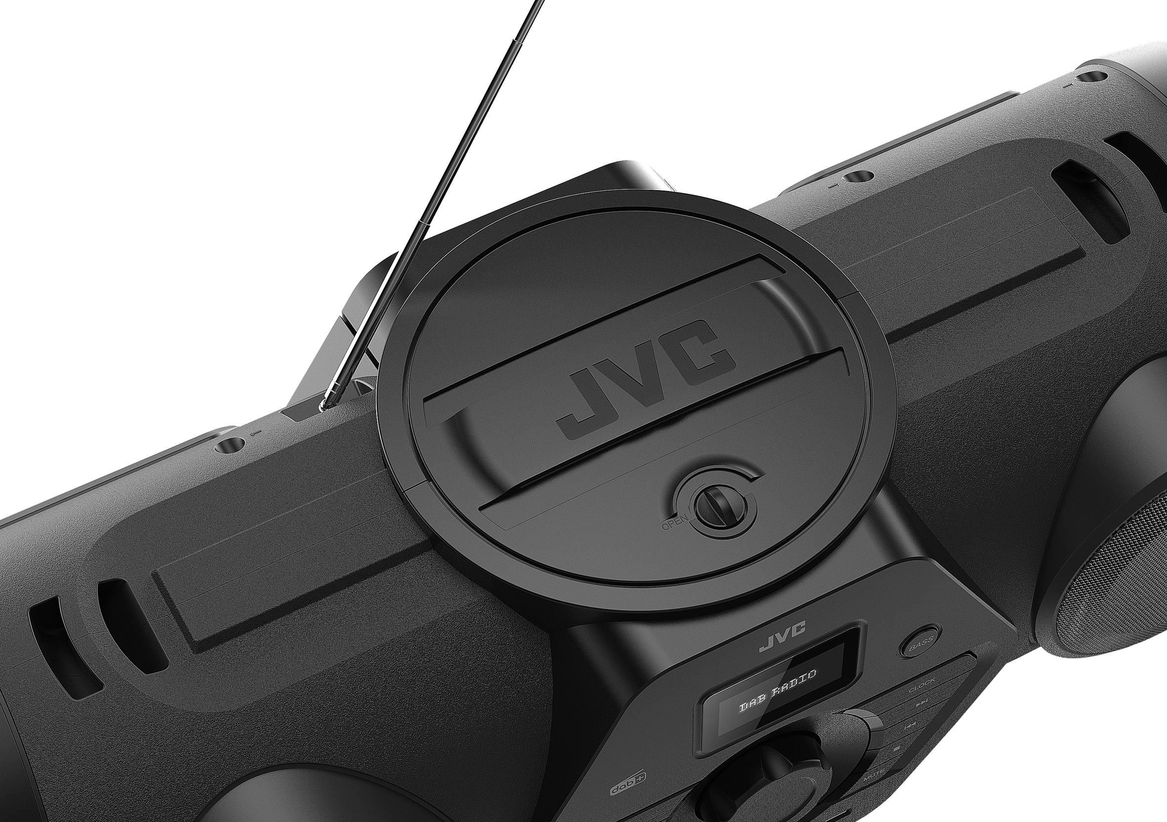 Schwarze JVC-Boombox mit dem JVC-Logo. Sie hat ein kreisförmiges Bedienfeld und eine Antenne. Weißer Hintergrund.