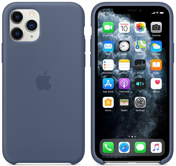 iPhone in een blauwe hoes, met het scherm waarop apps worden weergegeven.