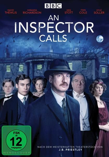 DVD-Cover für 'An Inspector Calls'. Gruppe von Leuten vor einem Haus bei Nacht. Titel in großen Buchstaben.