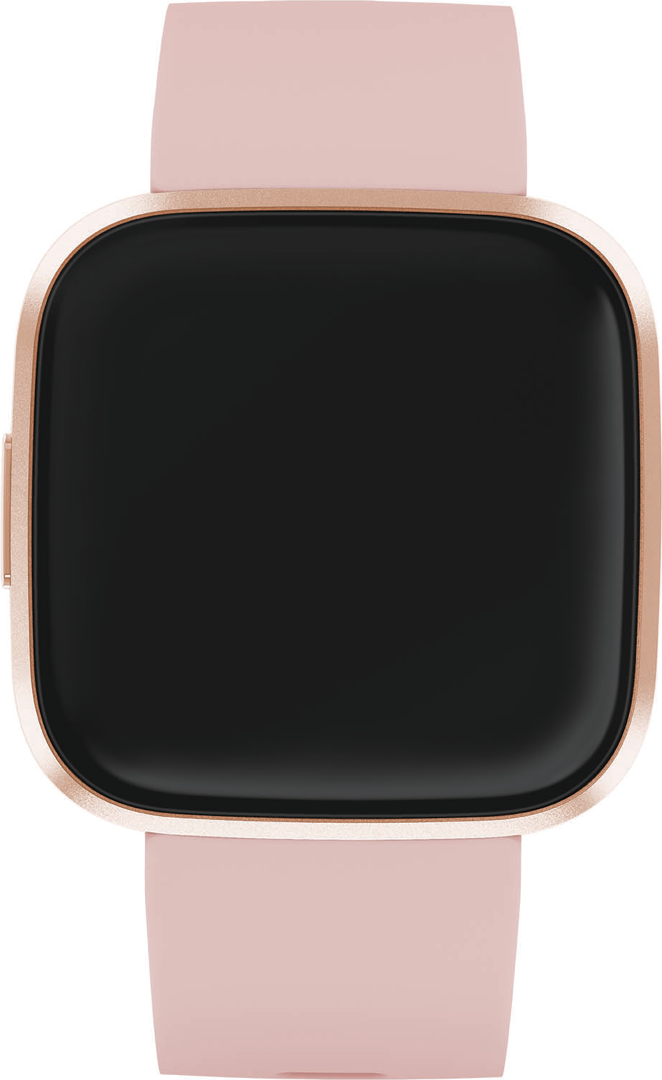 Smartwatch mit pinkfarbenem Armband und roségoldfarbenem Gehäuse. Der Bildschirm ist schwarz und leer.