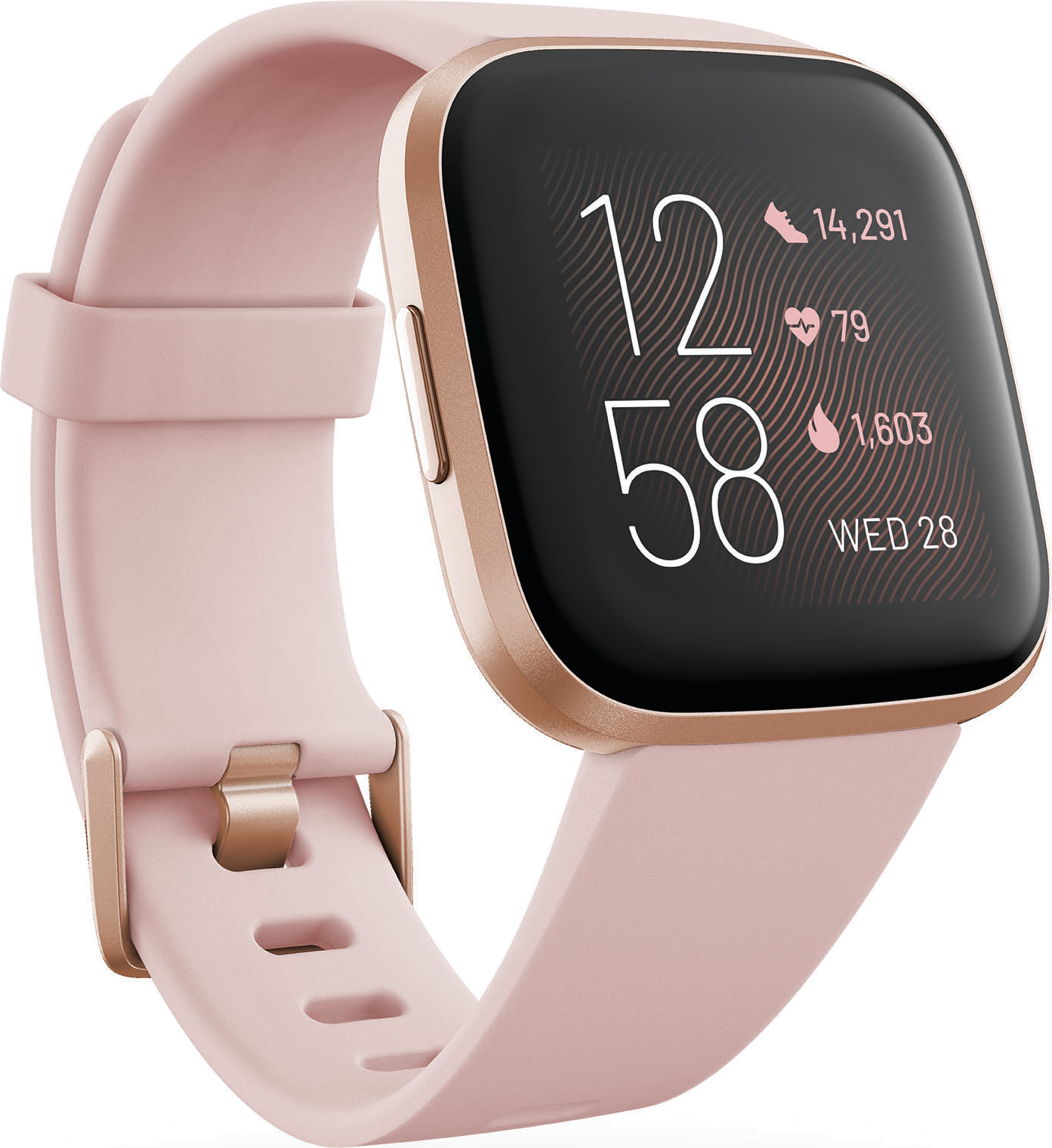 Rosafarbene Smartwatch mit goldfarbenem Rahmen und pinkfarbenem Armband.