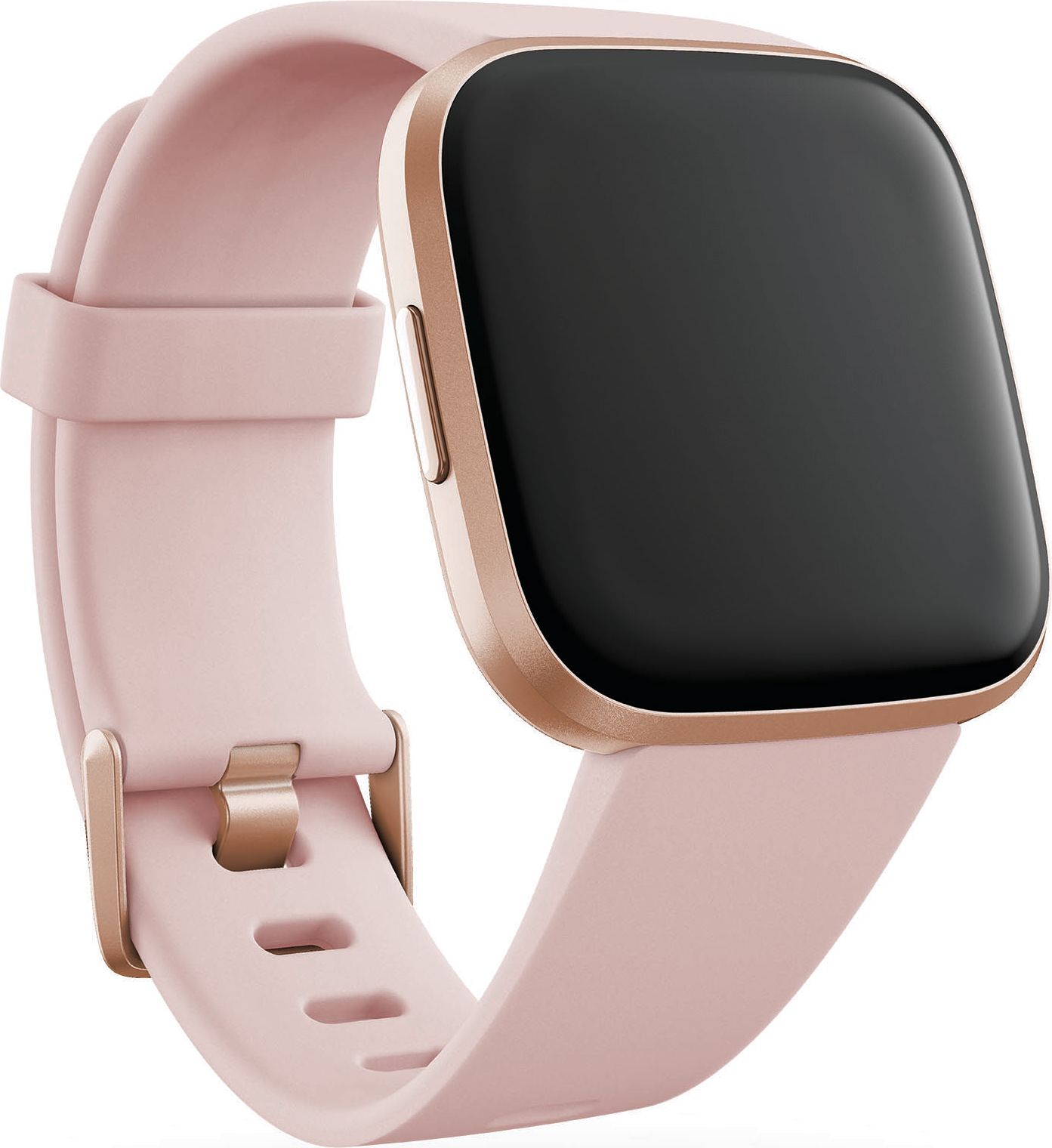 Eine rosa Smartwatch mit schwarzem Bildschirm und goldfarbenem Rahmen.