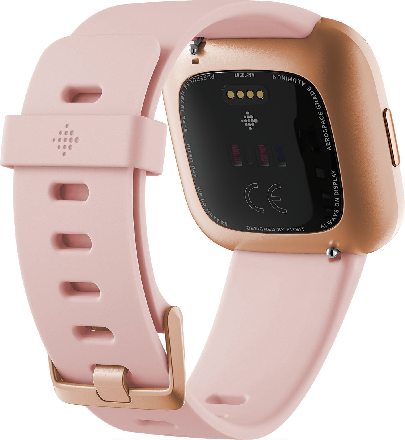 Eine pinkfarbene Fitbit Smartwatch. Die Rückseite zeigt Sensoren, ein goldenes Band und das Fitbit-Logo.