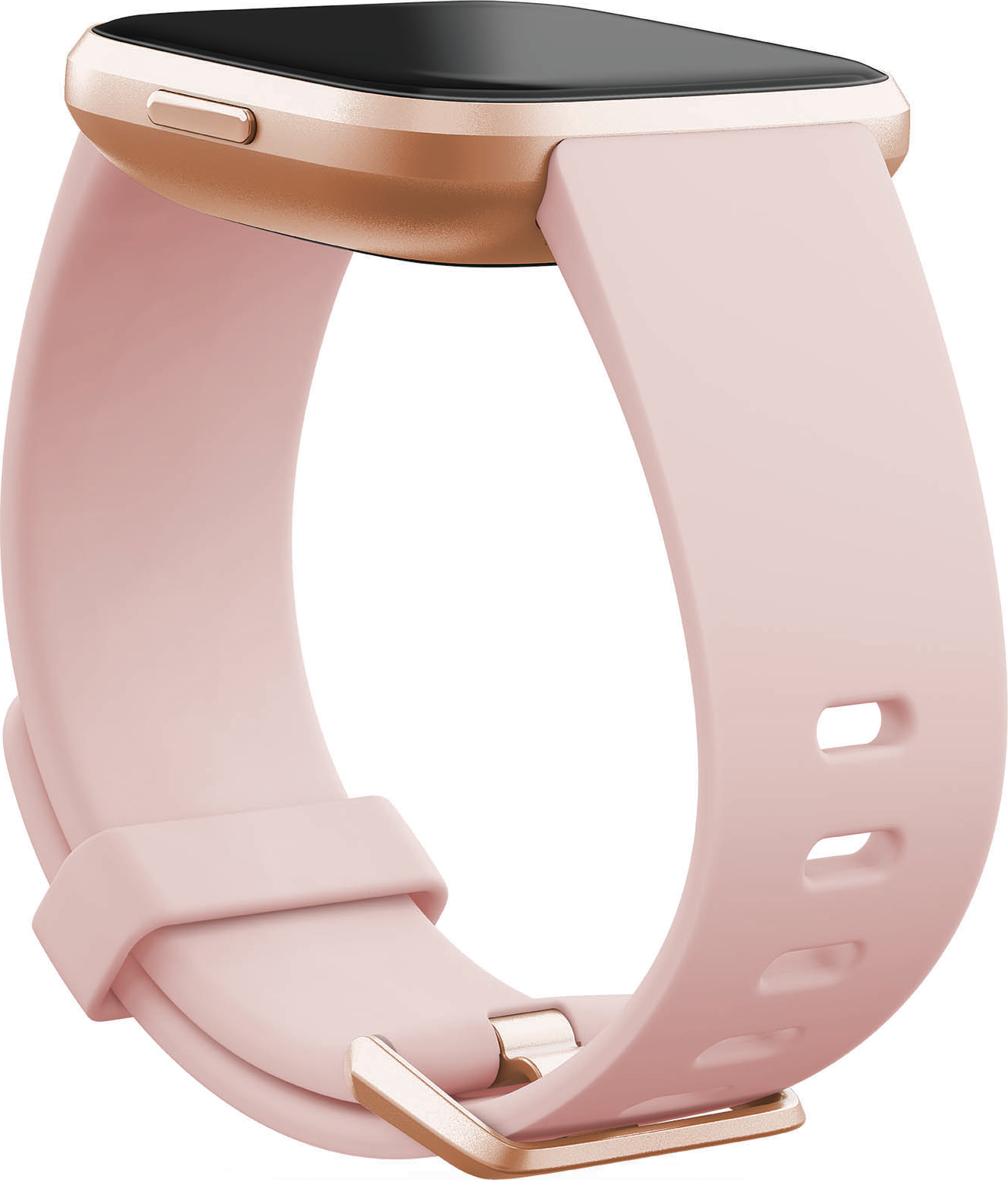 Eine pinkfarbene Fitbit Versa 3 Smartwatch mit goldenem Rahmen und pinkfarbenem Armband.