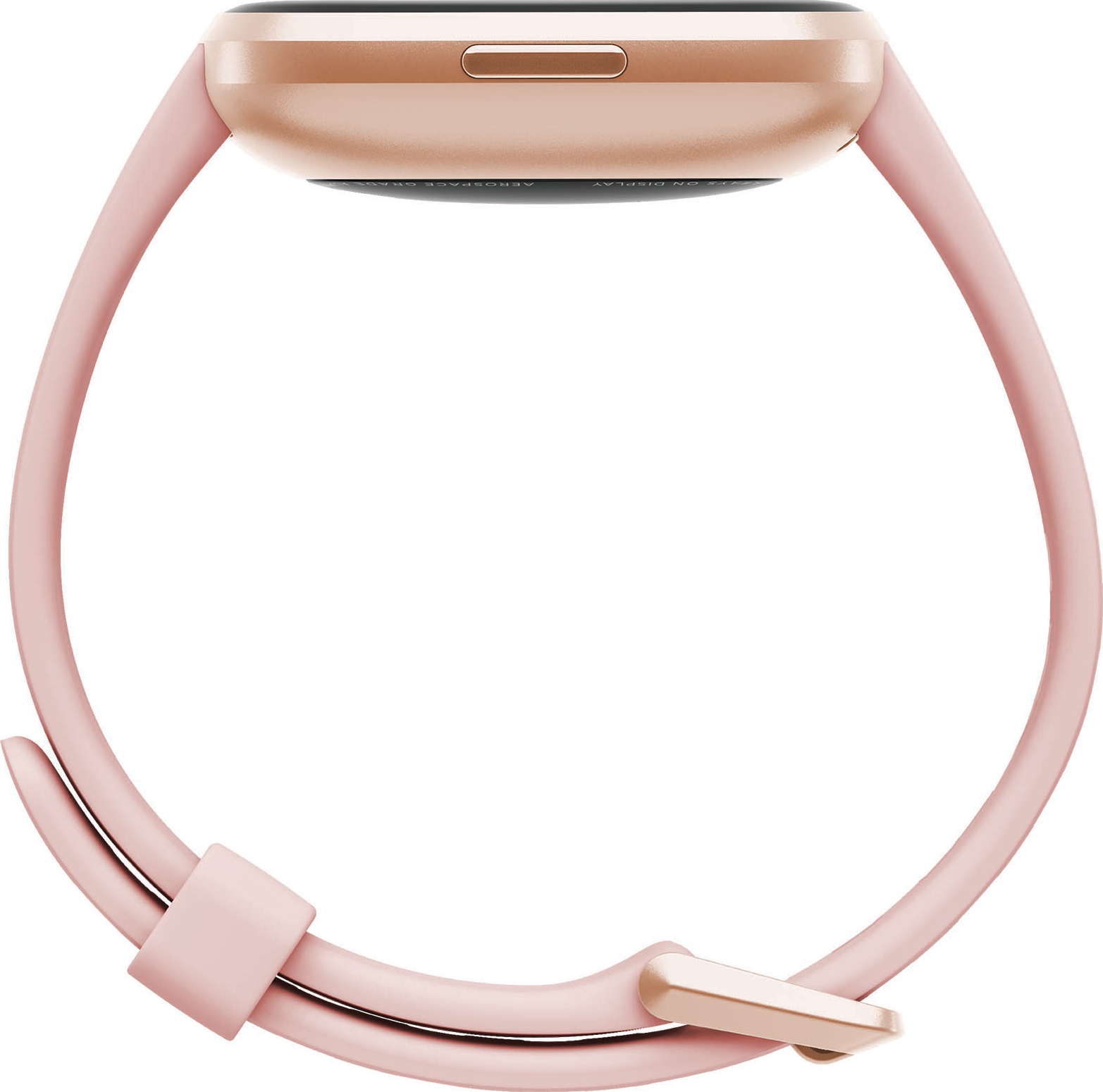 Roségoldene Smartwatch mit pinkfarbenem Armband, seitlich gesehen.