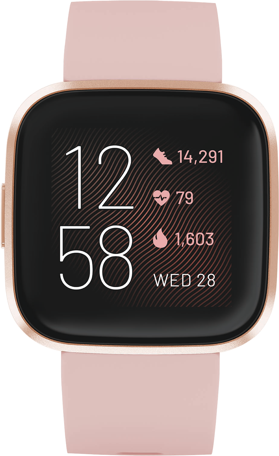 Fitbit Versa 2 Uhr mit pinkfarbenem Armband und schwarzem Bildschirm mit Zeit, Schritten und Herzfrequenz.