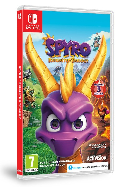 Caja del juego Spyro Reignited Trilogy para Nintendo Switch con ilustración de dragón.