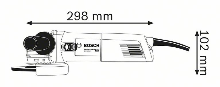 Bosch sarokcsiszoló diagramja méretekkel: 298 mm x 102 mm.