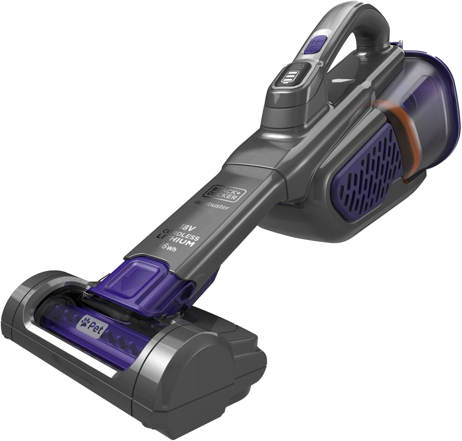 Un aspirateur sans fil gris et violet, vue en angle.