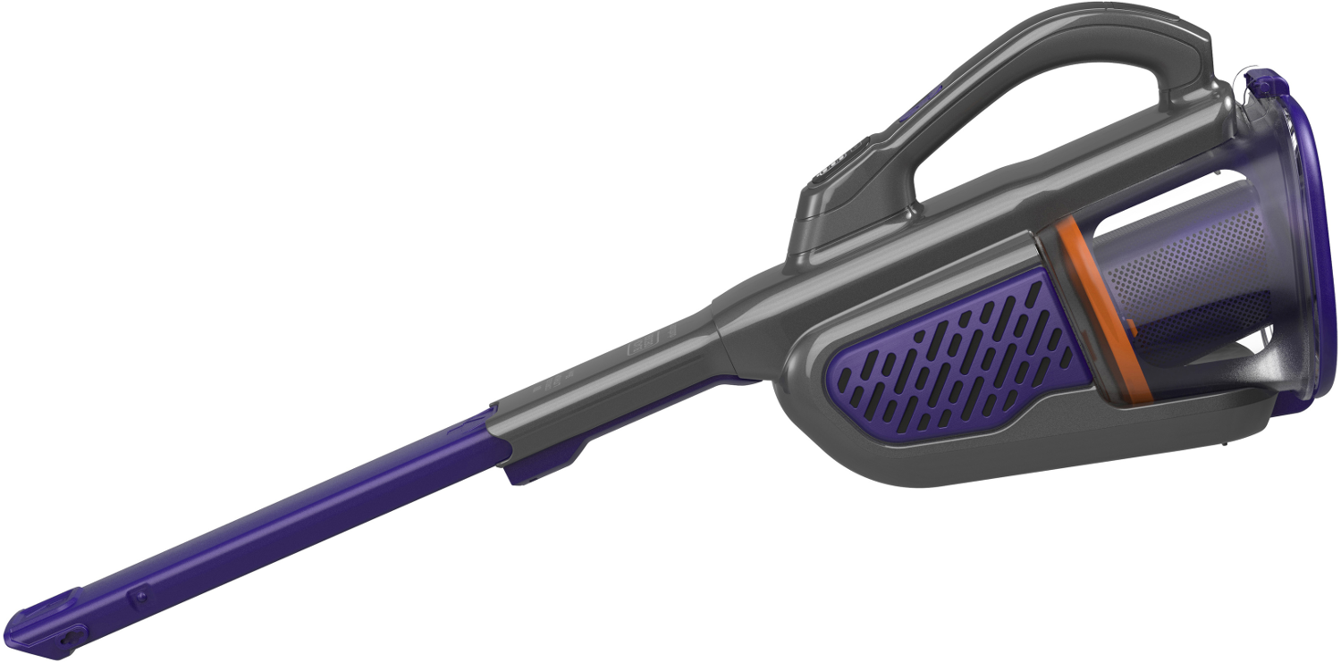 Aspirateur sans fil gris et violet, incliné à droite, sur fond blanc.