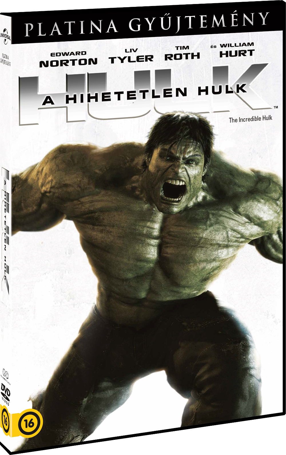 A Hihetetlen Hulk DVD borítója. Hulk ordít, zöld bőr, fekete nadrág. Felső szöveg: Platina Gyűjtemény. A szereplők nevei. Alsó szöveg: A Hihetetlen Hulk.