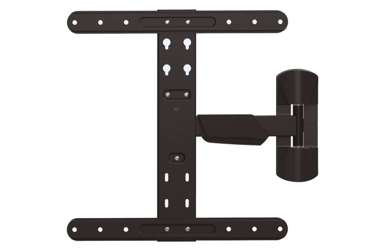 Eine schwarze TV-Wandhalterung mit Montageplatten und einem Gelenkarm.