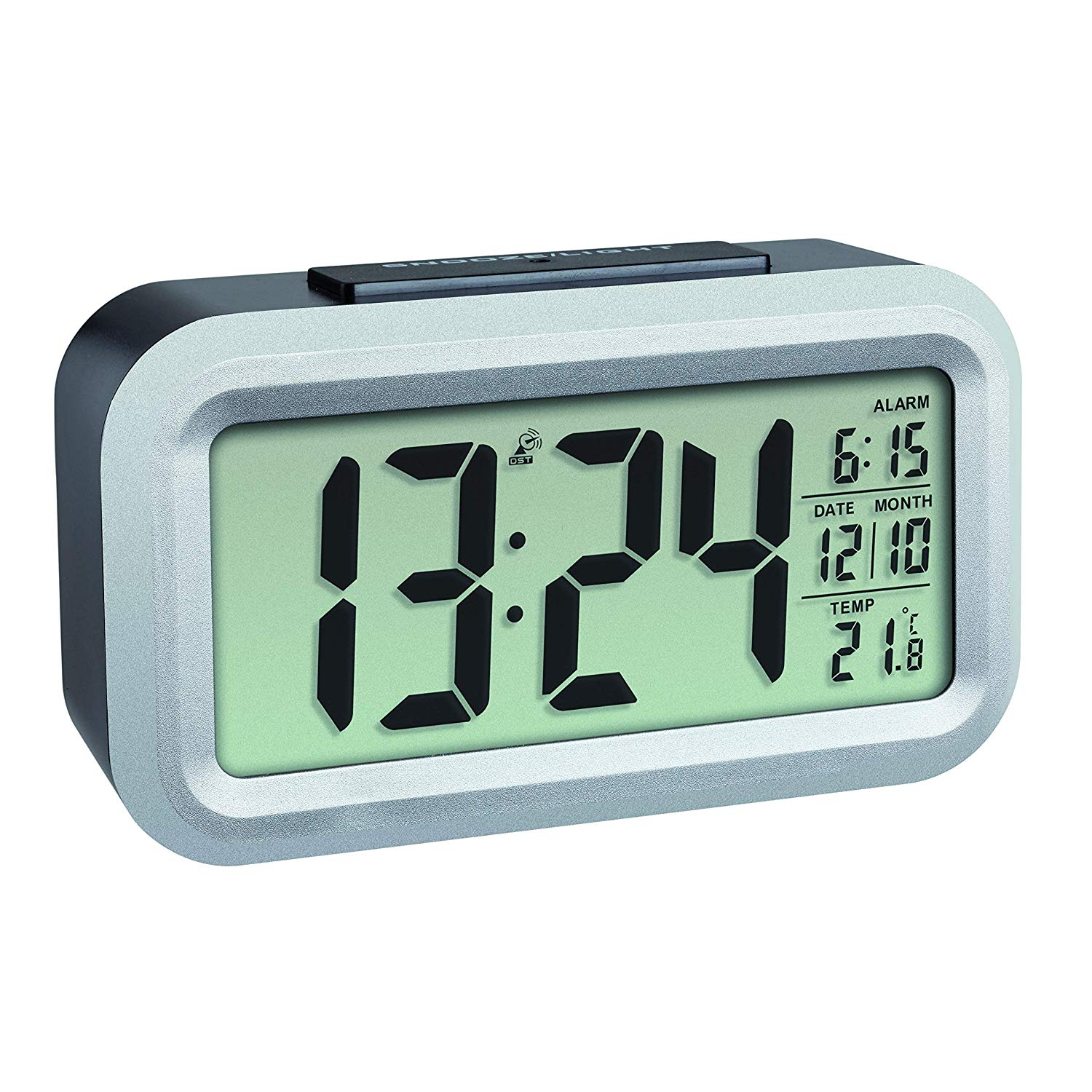 Ein digitaler Wecker, der Zeit, Datum und Temperatur anzeigt.