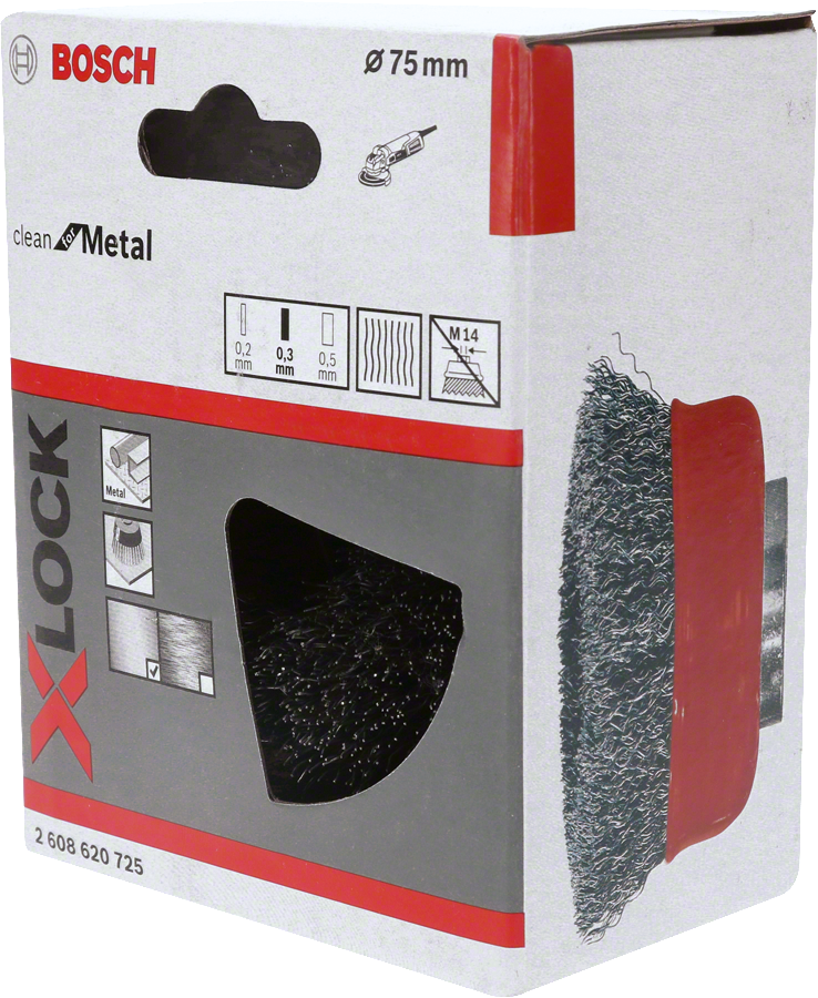 Bosch X-LOCK Clean Metal doboz drótkefével. A doboz diagramokat és információkat mutat a fém tisztításáról.