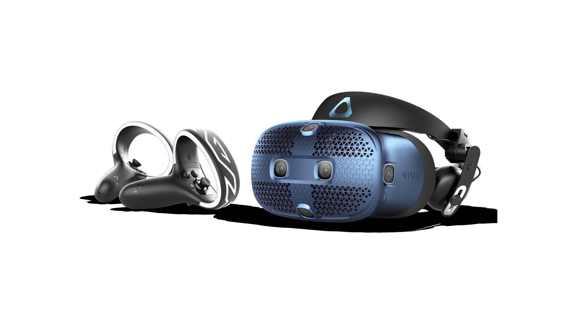 VR-Headset und Controller auf Weiß. Blaues und schwarzes Headset mit zwei schwarzen Controllern mit weißen Akzenten.