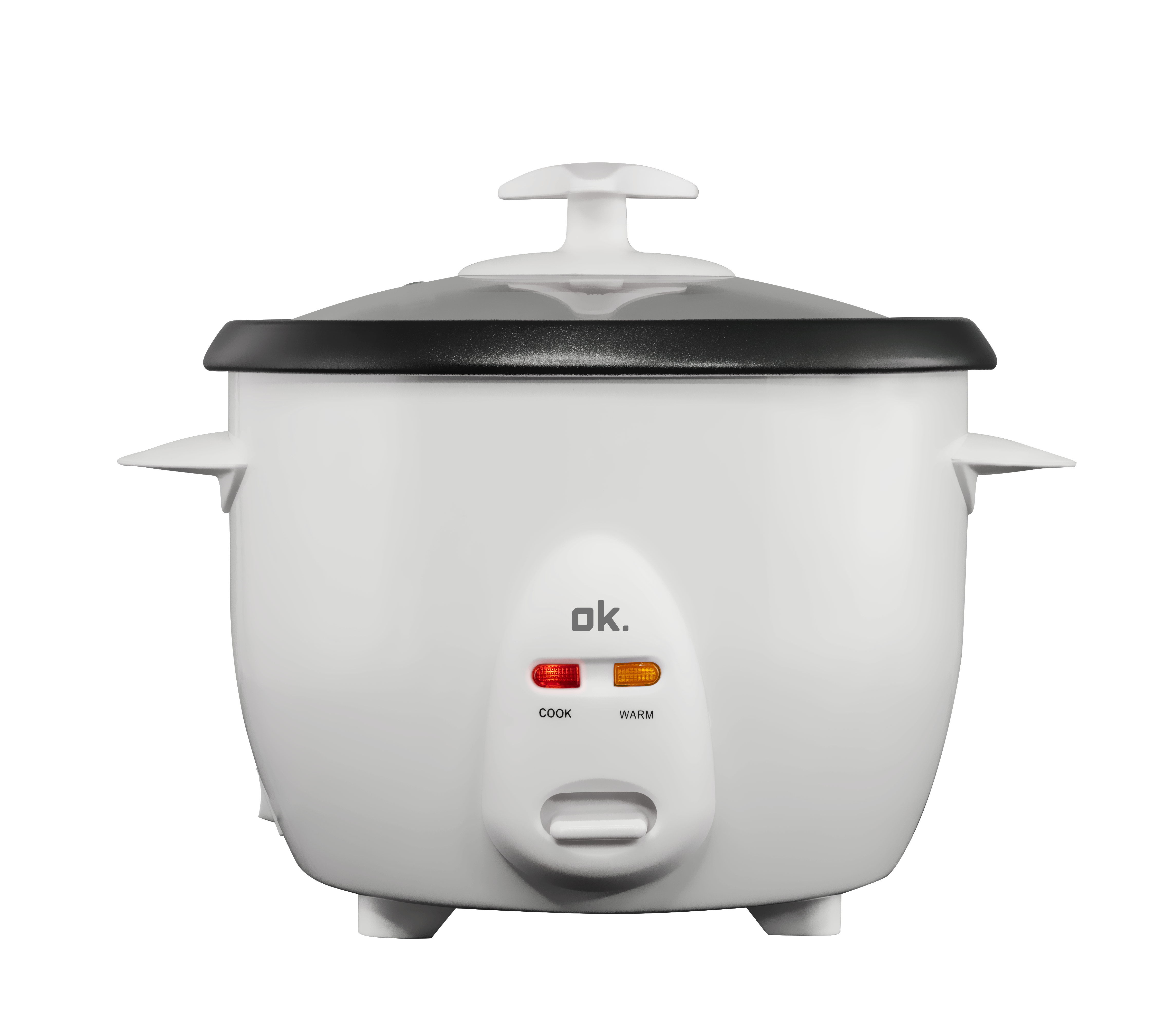 Weißer Reiskocher. Knöpfe für 'Kochen' und 'Warmhalten'. Transparenter Deckel. Schwarzer Hintergrund.