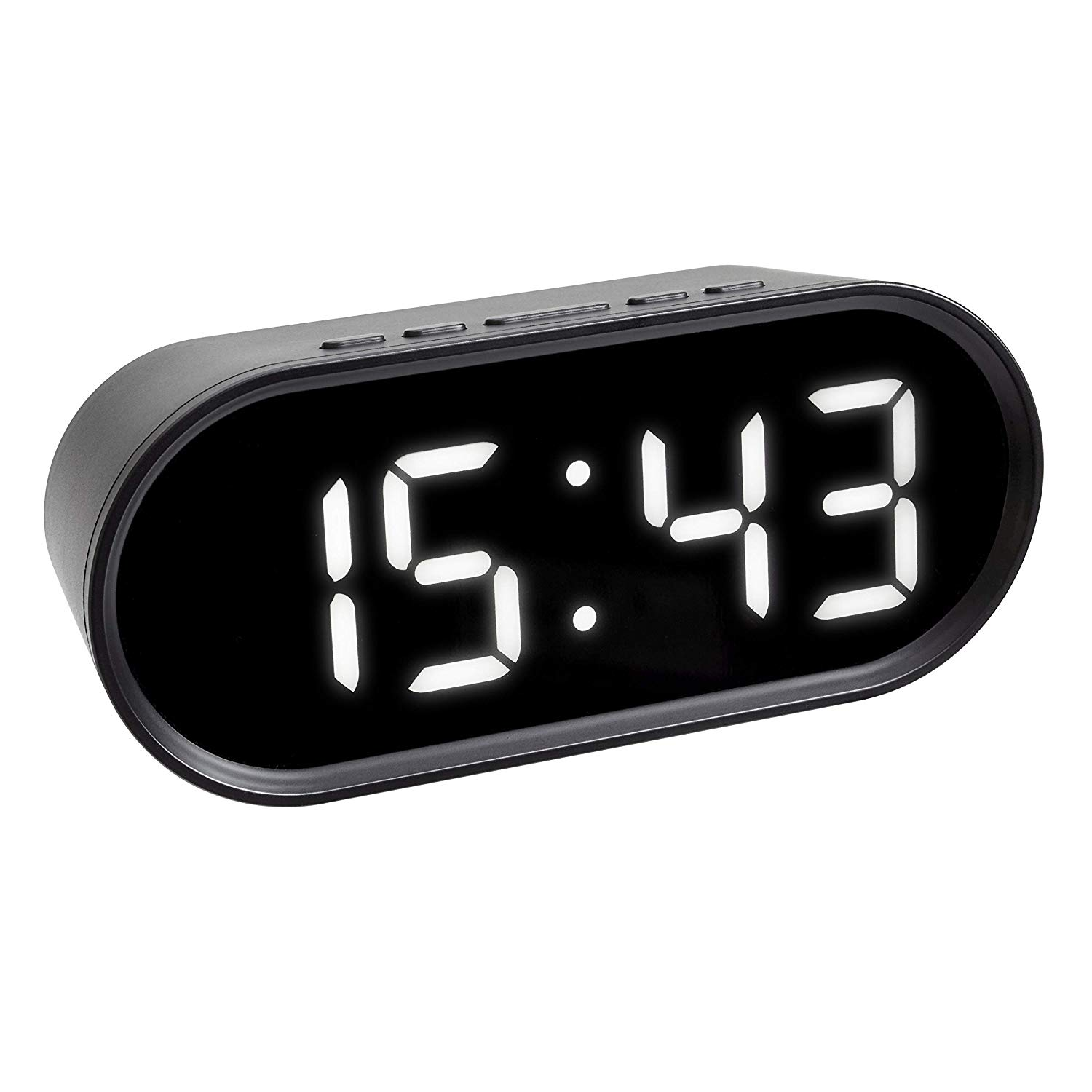 Schwarzer digitaler Wecker zeigt 15:43 an. Er hat Tasten oben und steht auf einer weißen Oberfläche.