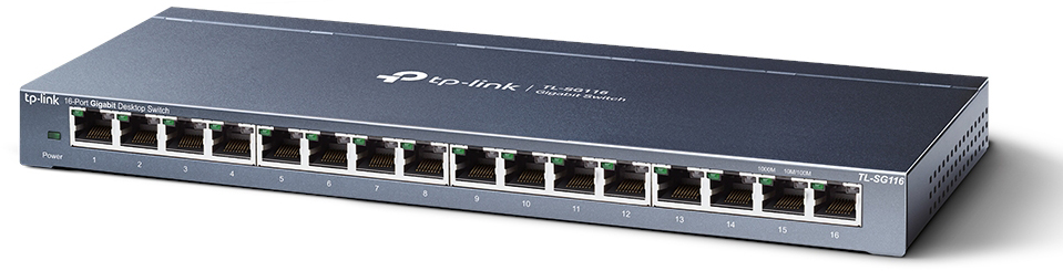Commutateur réseau gris avec 16 ports. Marque Tp-link. Horizontal, fond blanc.