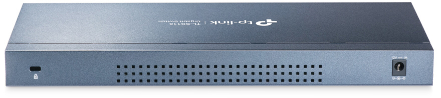 Commutateur TP-Link noir avec plusieurs ports et une entrée d'alimentation à l'arrière.