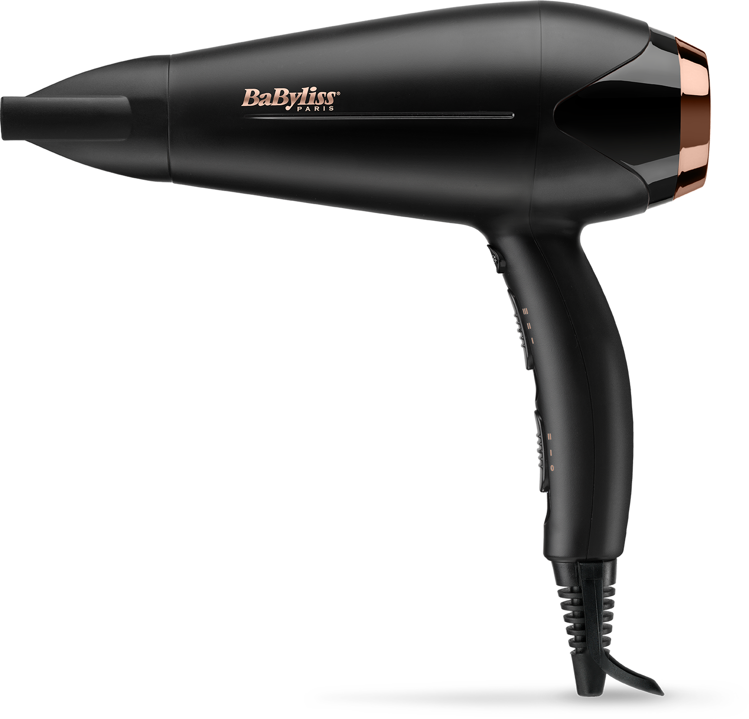 Black BaByliss hair dryer with rose gold accents on a black background.